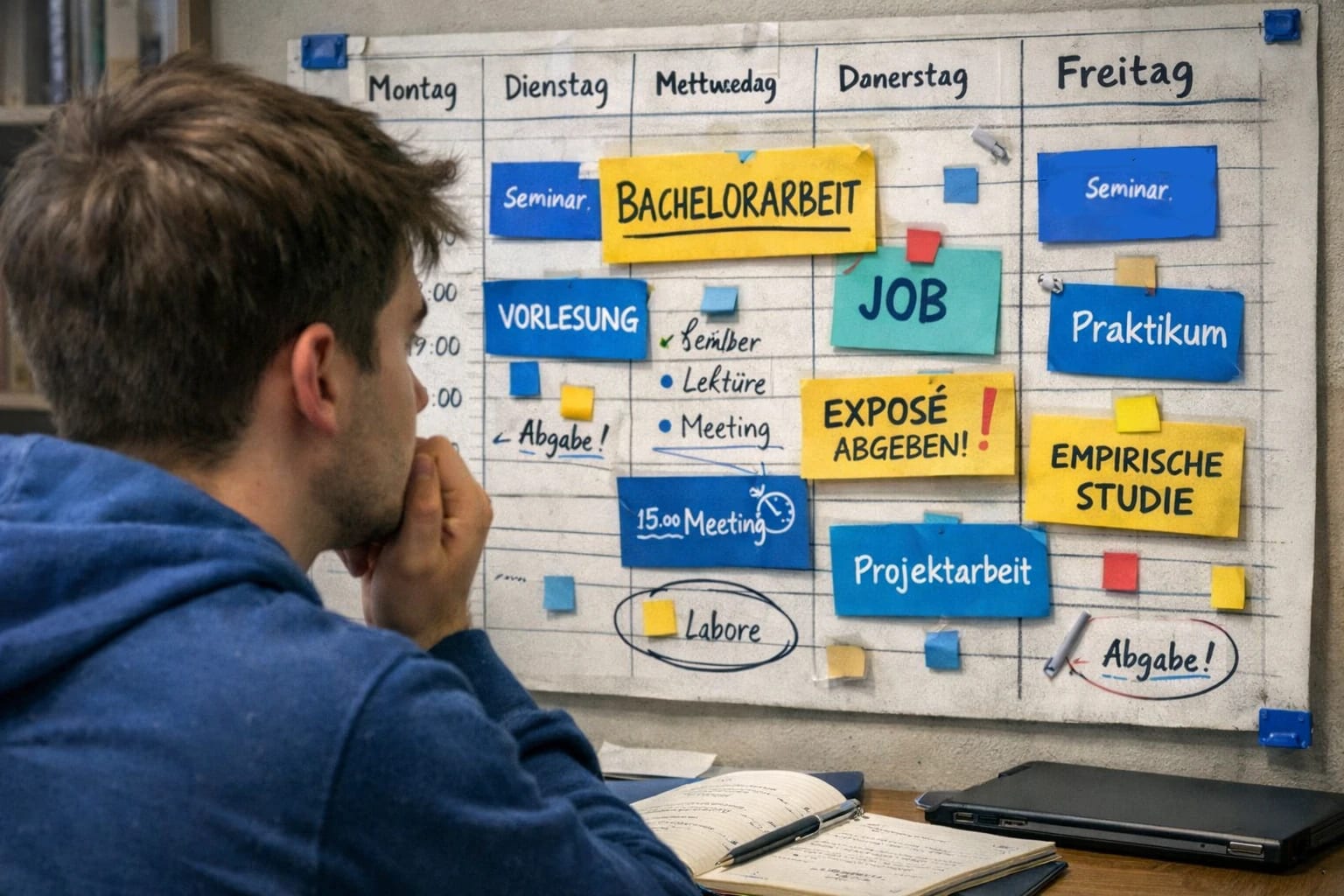 Student schaut auf seinen übervollen Zeitplan mit Vorlesungen, Bachelorarbeit, Exposé, Job und Praktikum