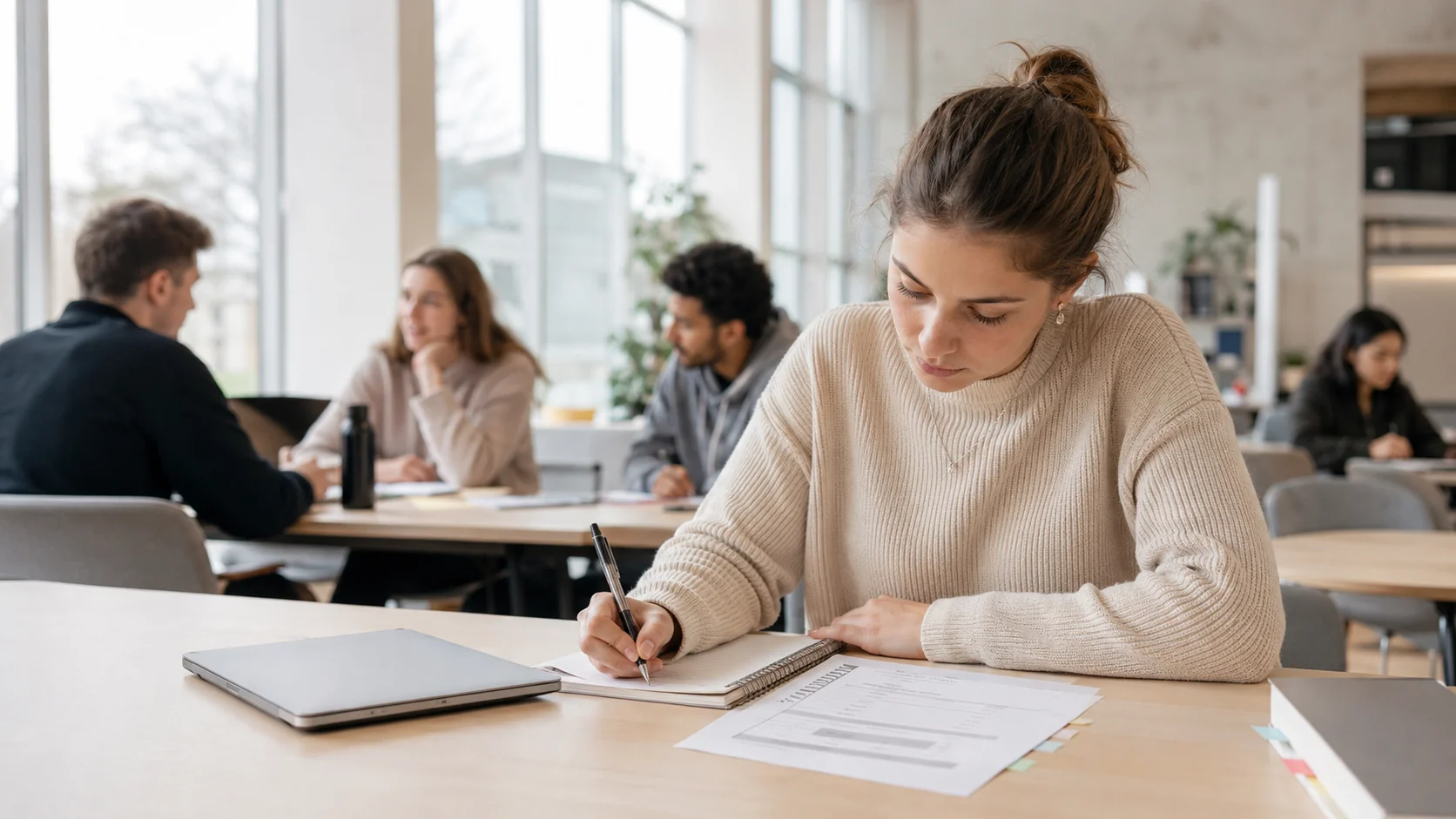 Studierende bereiten im Lernraum die Bachelorarbeit mit Gliederung und Struktur vor