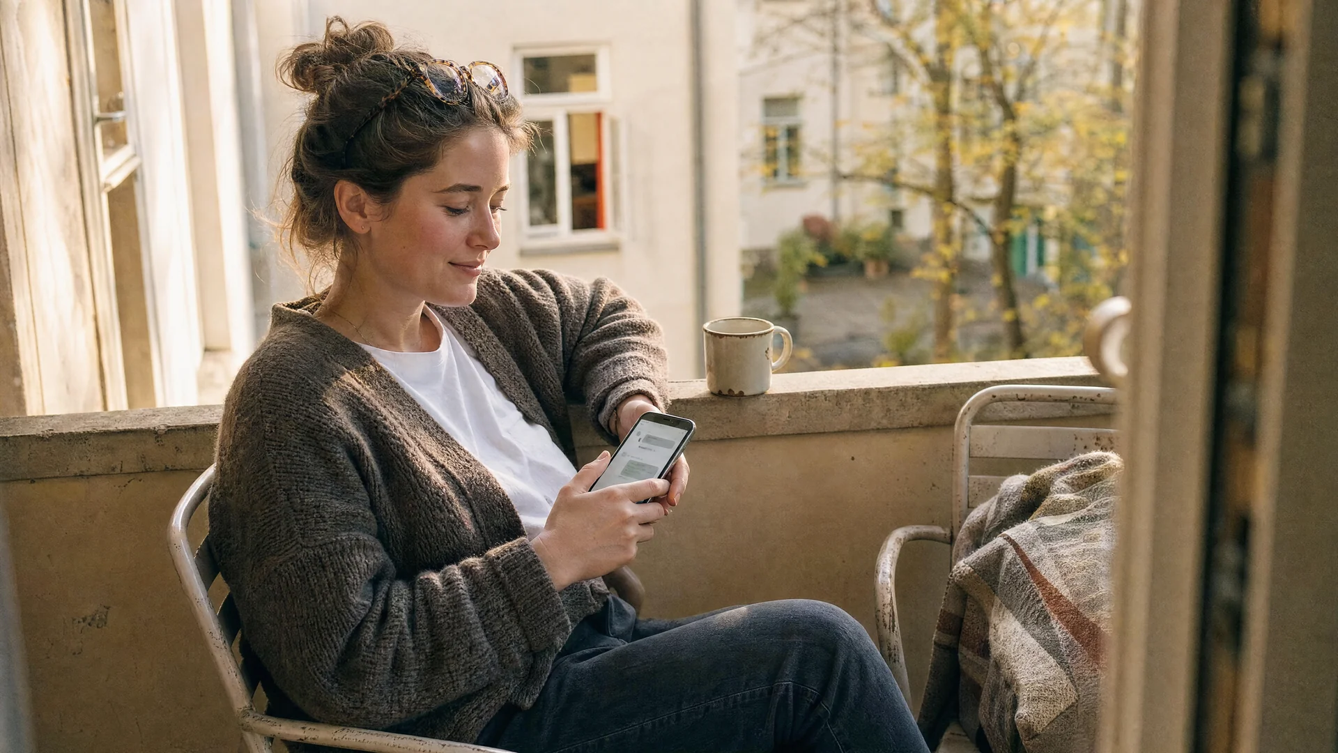 Studentin sitzt am Vormittag auf einem Balkon, hält ihr Telefon locker in beiden Händen und liest eine eingegangene Antwort, die Schultern sind entspannt, im Hof dahinter herbstliche Bäume.