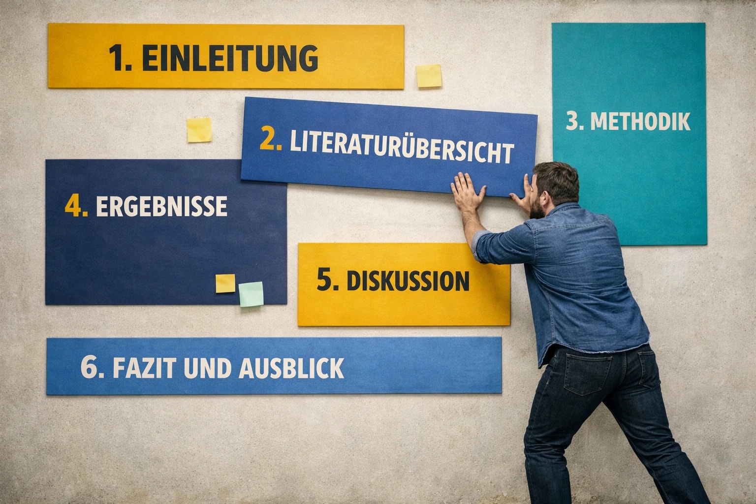Mann verschiebt Gliederungselemente einer wissenschaftlichen Arbeit an einer riesigen Wandtafel