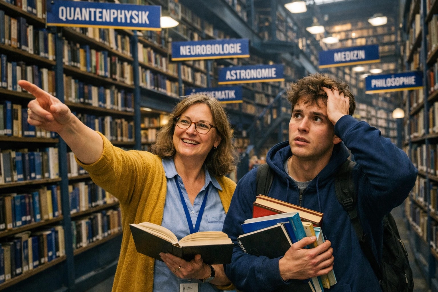 Enthusiastische Bibliothekarin führt überforderten Studenten durch eine riesige Bibliothek voller wissenschaftlicher Themen
