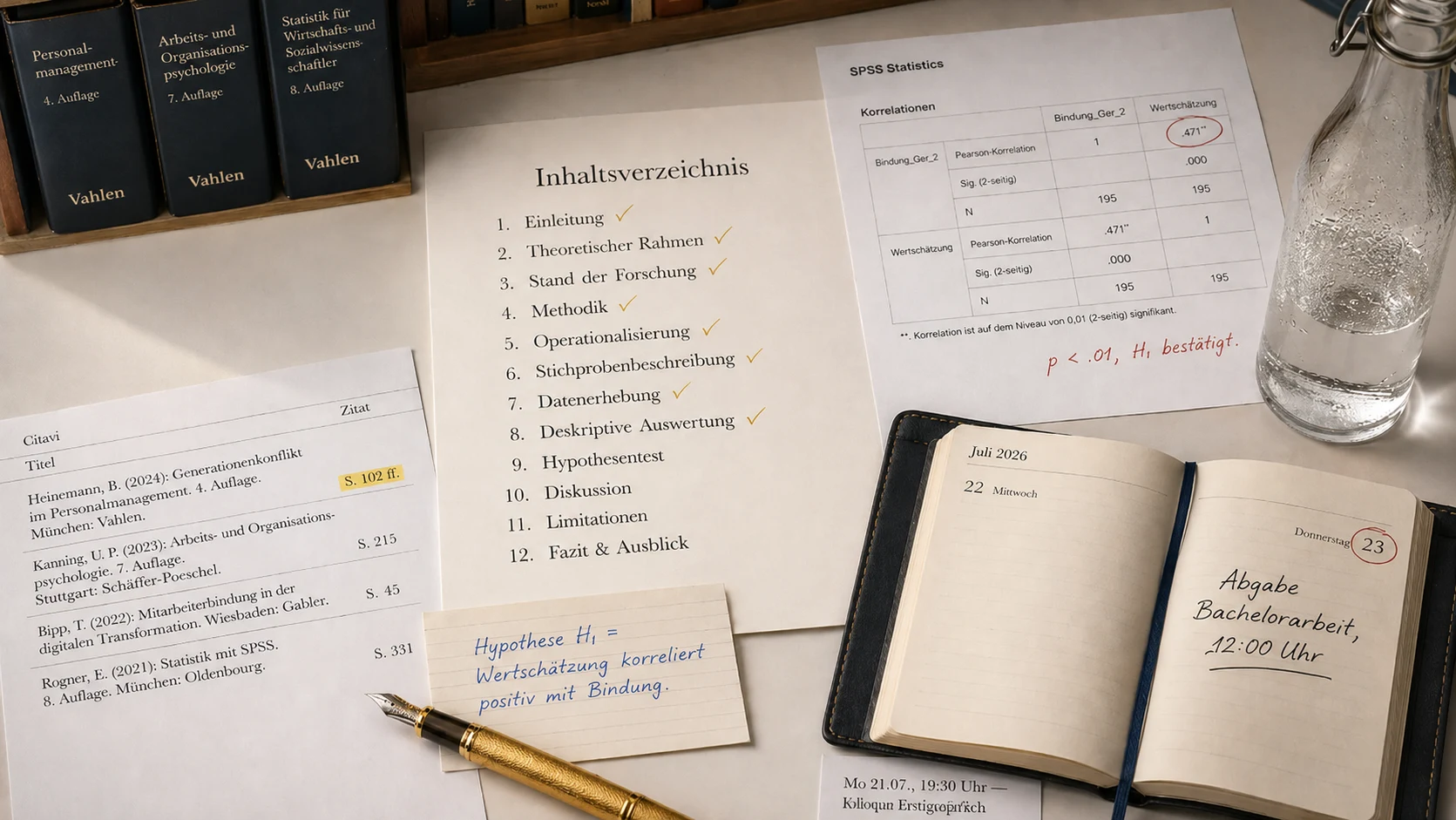 Bachelorarbeit-Schreibtisch in der Endspurt-Phase: Inhaltsverzeichnis mit acht von zwölf abgehakten Kapiteln, SPSS-Korrelationsmatrix mit signifikantem Wertschätzungs-Bindungs-Befund und im Kalender markierte Abgabefrist Bachelorarbeit