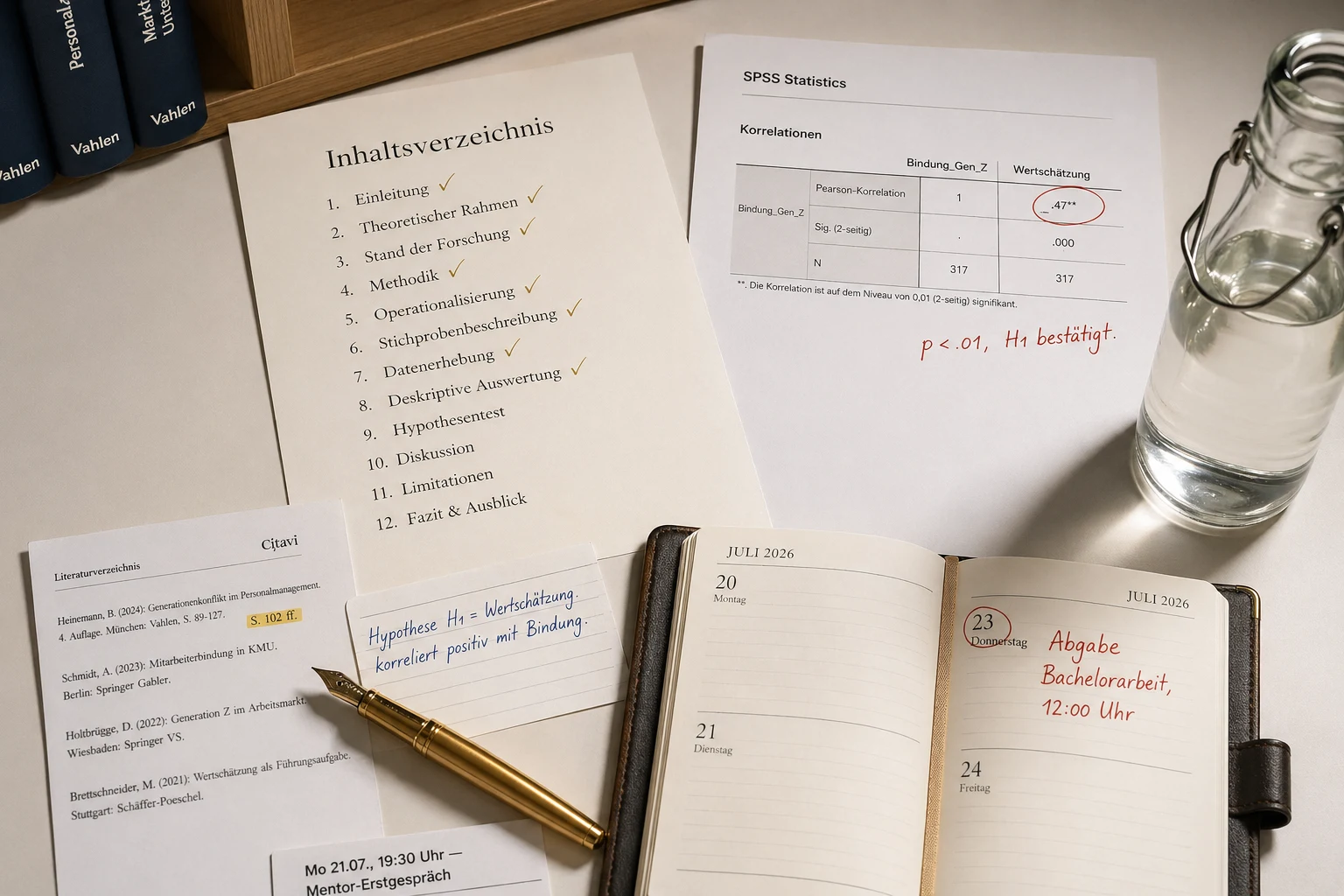 Bachelorarbeit-Schreibtisch in der Endspurt-Phase: Inhaltsverzeichnis mit acht von zwölf abgehakten Kapiteln, SPSS-Korrelationsmatrix und Abgabe-Kalender für die finale Woche