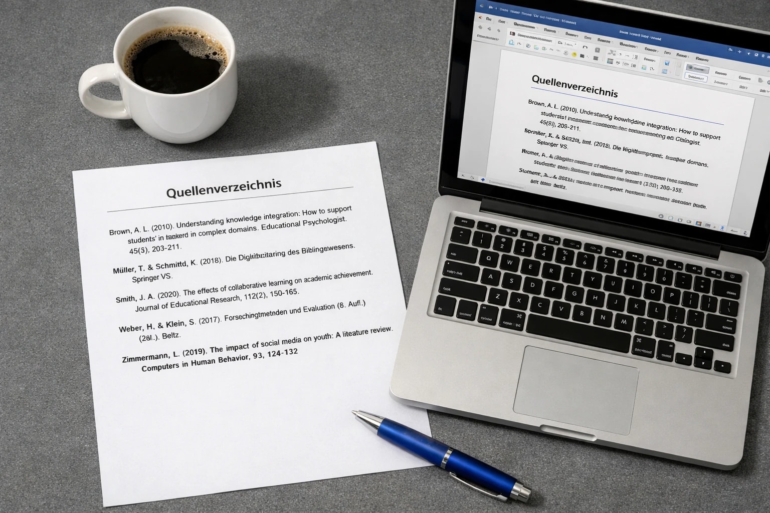 APA-7-Literaturverzeichnis auf Papier neben Laptop mit Textverarbeitung und Kaffeetasse