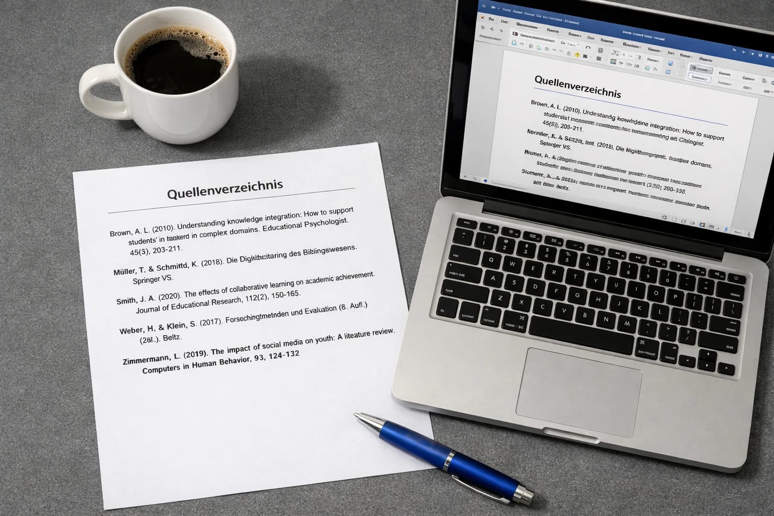 APA-7-Literaturverzeichnis auf Papier neben Laptop mit Textverarbeitung und Kaffeetasse