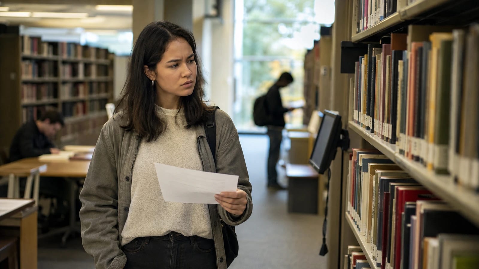 Studentin steht mit einem ausgedruckten Blatt zwischen Bibliotheksregalen und sucht im Bestand eine Quelle, im Hintergrund ein Recherche-Terminal und weitere Lernende.