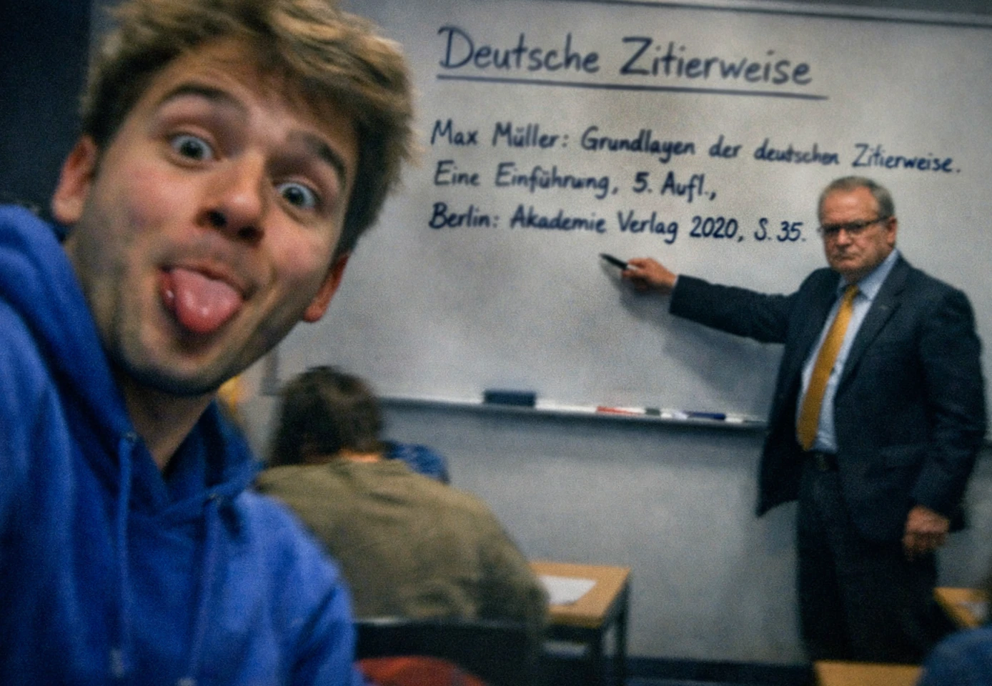 Student im Hörsaal macht Selfie, Professor erklärt die deutsche Zitierweise mit Fußnotenbeispiel an der Tafel