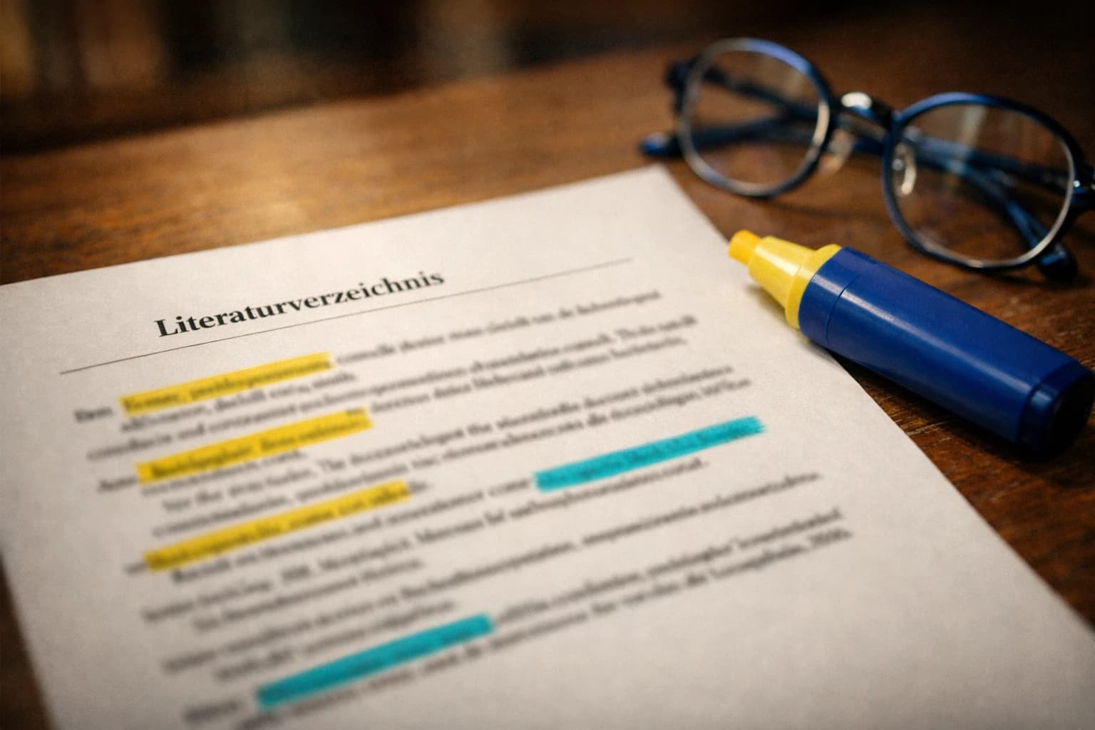 Aufgeschlagenes Lehrbuch mit Literaturverzeichnis im Harvard-Stil neben Textmarker und Lesebrille