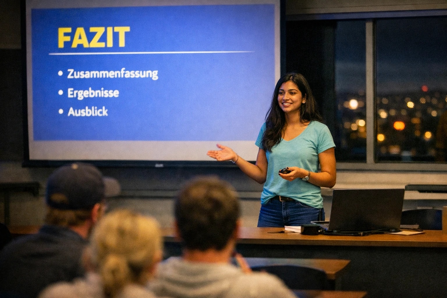 Studentin präsentiert das Fazit ihrer Hausarbeit per PowerPoint-Folie im Uni-Seminarraum