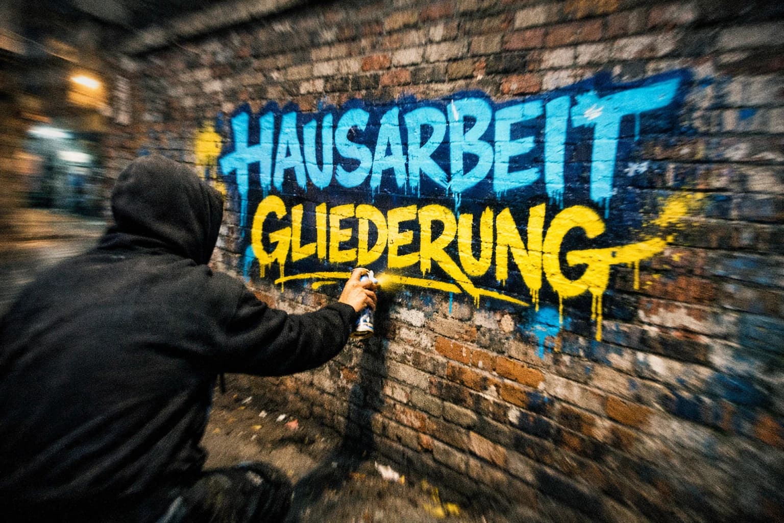 Graffiti-Künstler sprüht Schriftzug Hausarbeit Gliederung im urbanen Stil auf eine Backsteinmauer