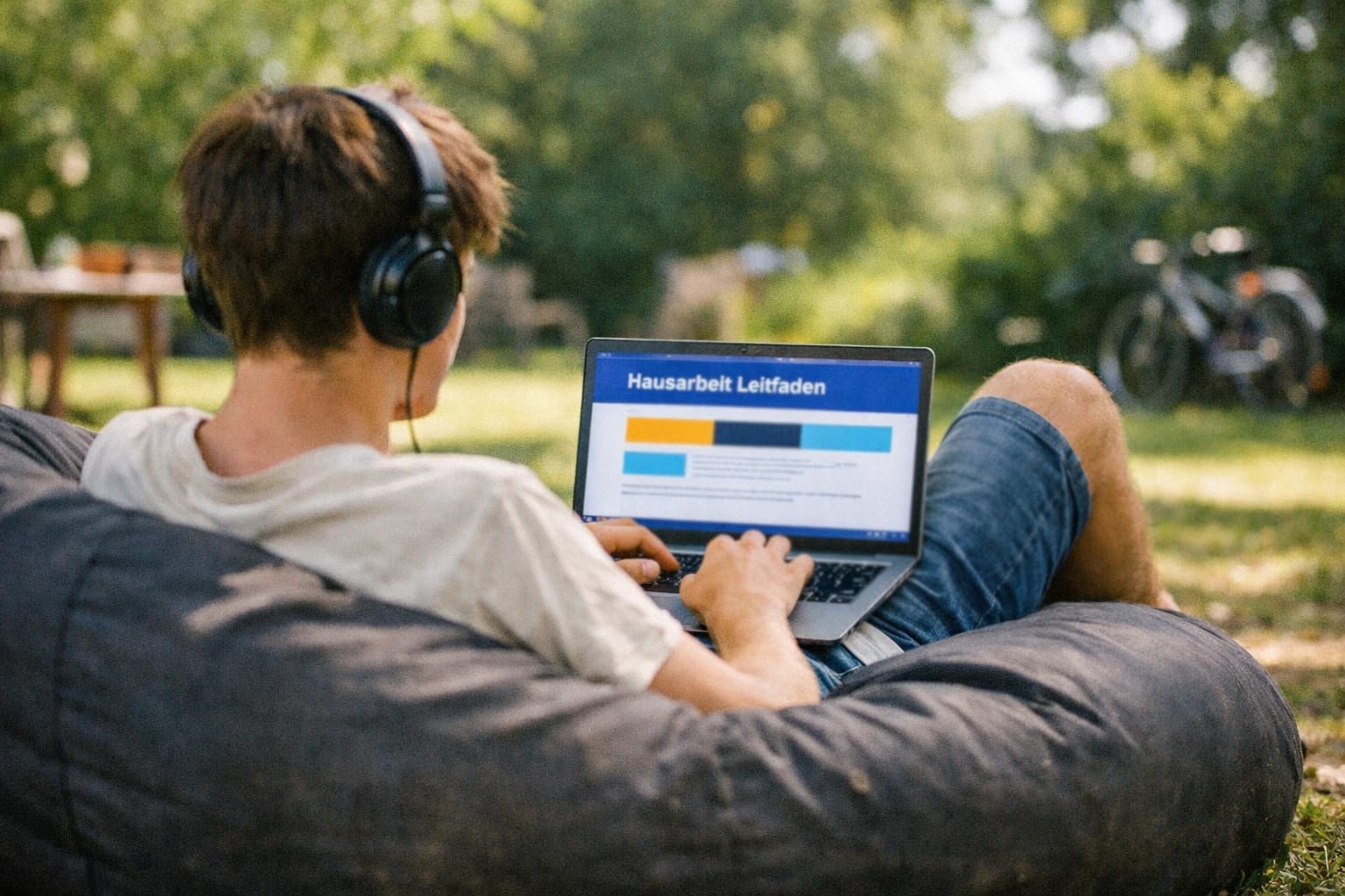 Studentin liest Hausarbeit-Leitfaden auf dem Laptop, entspannt auf einem Sitzsack im Sommer