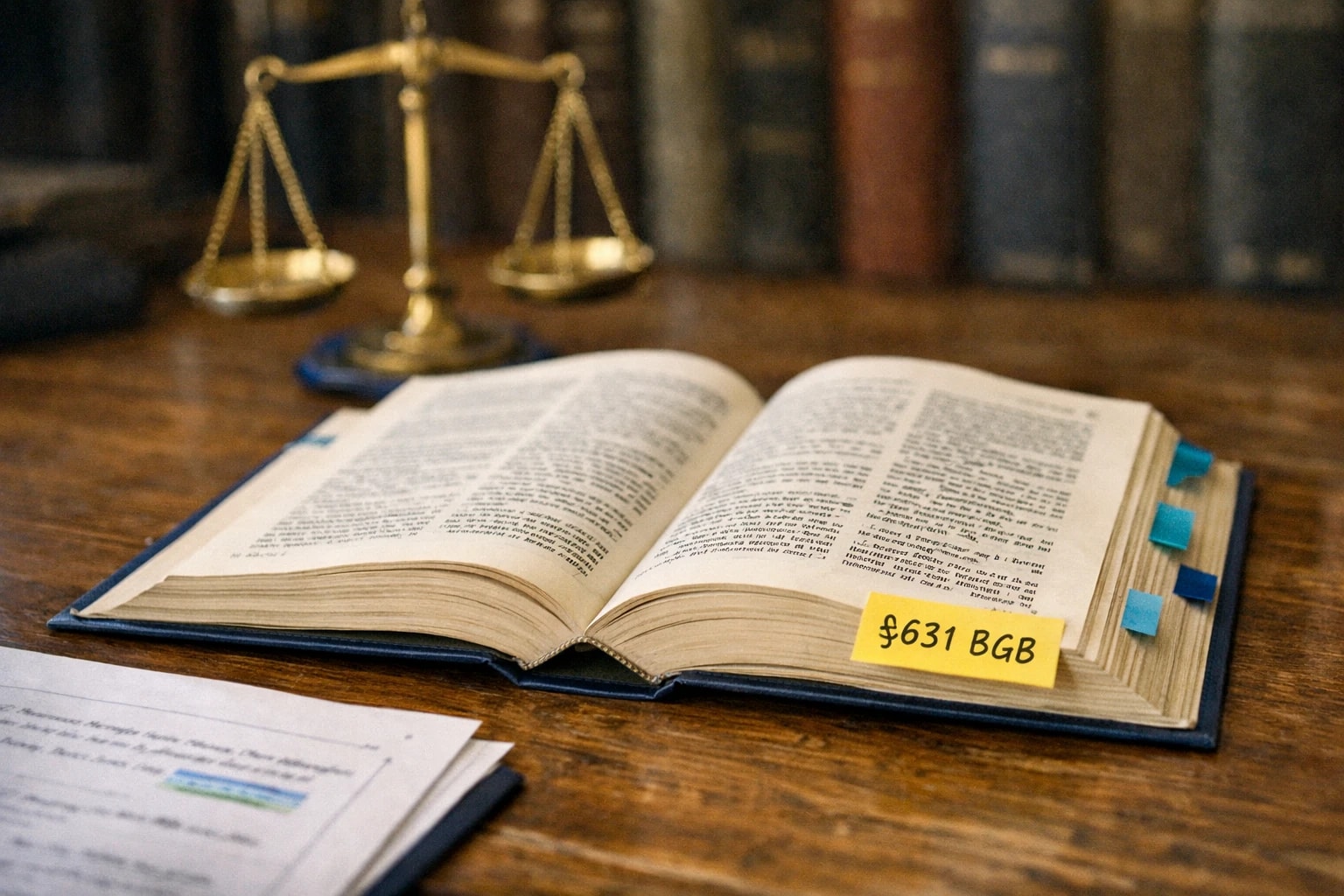 Ist Ghostwriting legal, Gesetzbuch und Justizwaage auf einem Schreibtisch