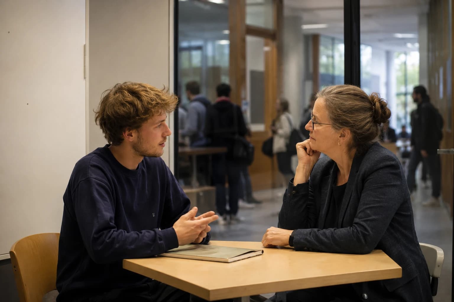 Ein Student erklärt im Gespräch mit einer Dozentin sein Vorgehen, während sie ihm aufmerksam zuhört.