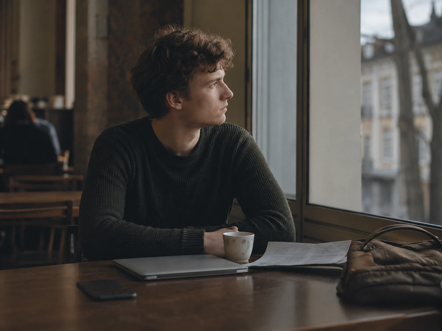 Nachdenklicher Studierender mit Laptop und Rucksack am Fenster eines Cafés, Blick nach draußen.