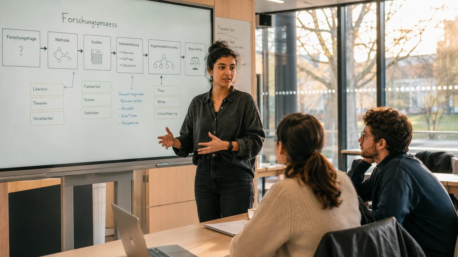Eine Studentin steht an einem Whiteboard mit der Skizze eines Forschungsprozesses und erläutert ihre Arbeit zwei Zuhörenden, die mit einem Laptop am Tisch sitzen; im Hintergrund eine Fensterfront mit Bäumen.