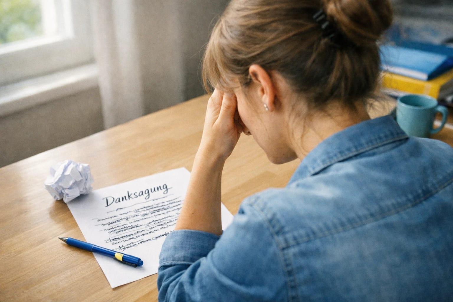 Studentin grübelt über die Danksagung ihrer Masterarbeit, durchgestrichene Entwürfe und Papierknäuel auf dem Schreibtisch