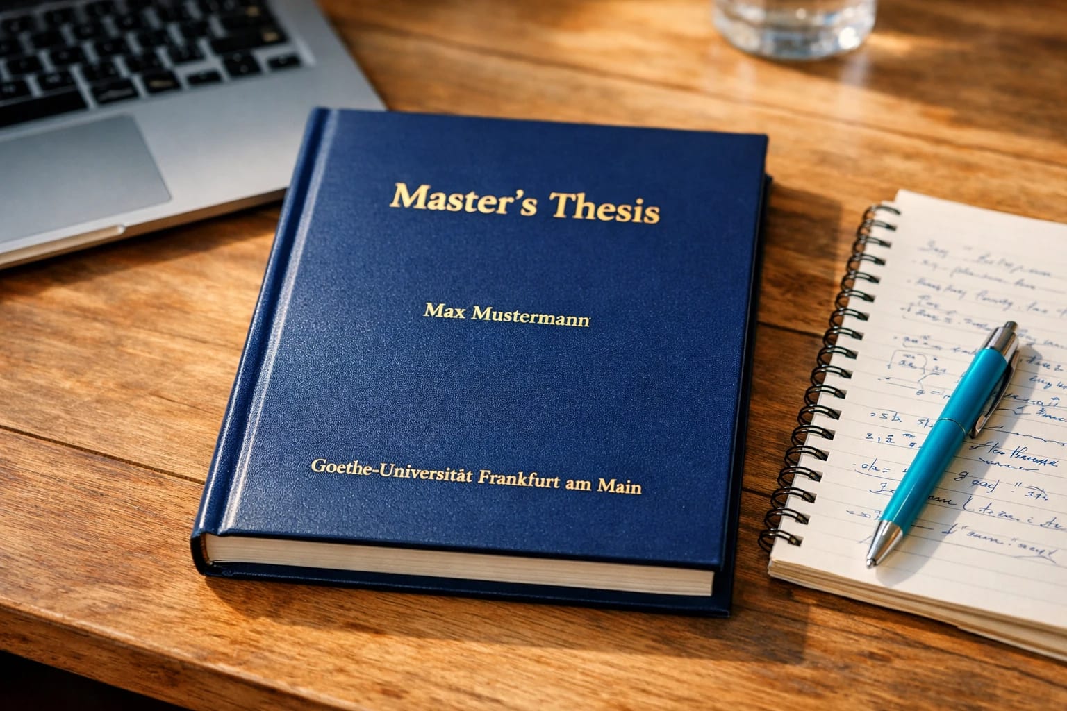 Gedruckte und gebundene Masterarbeit auf einem Schreibtisch neben Laptop und Notizen