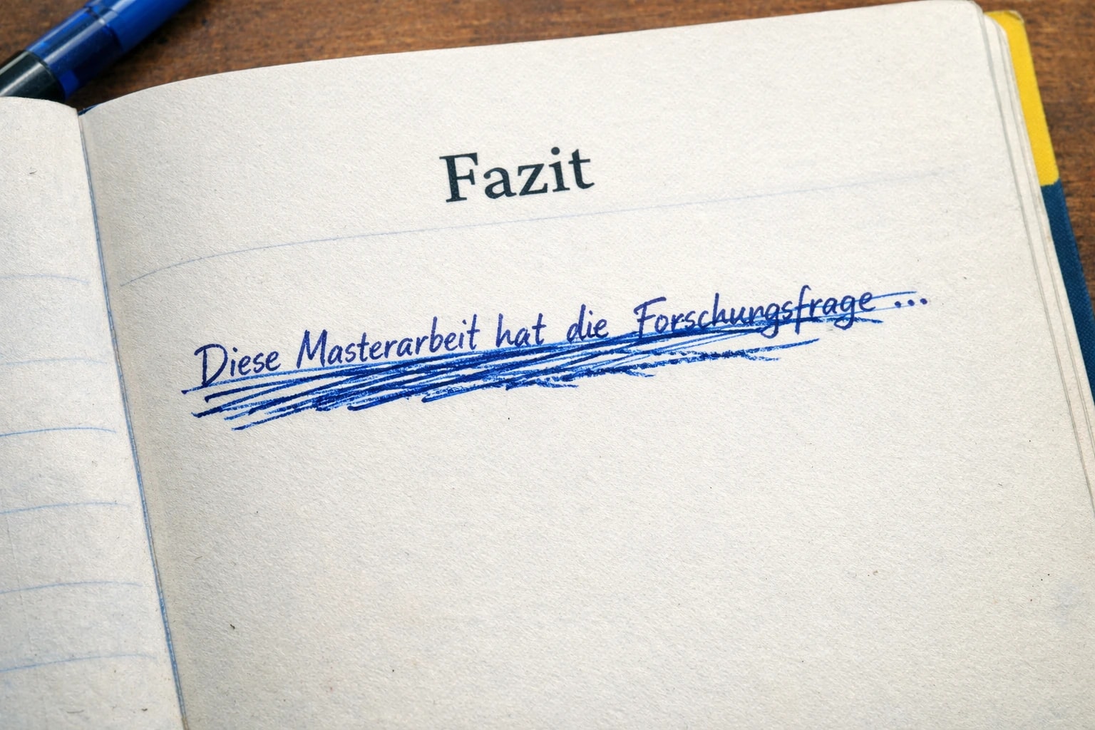 Studierende schreibt das Fazit ihrer Masterarbeit am Schreibtisch mit Laptop und Notizen