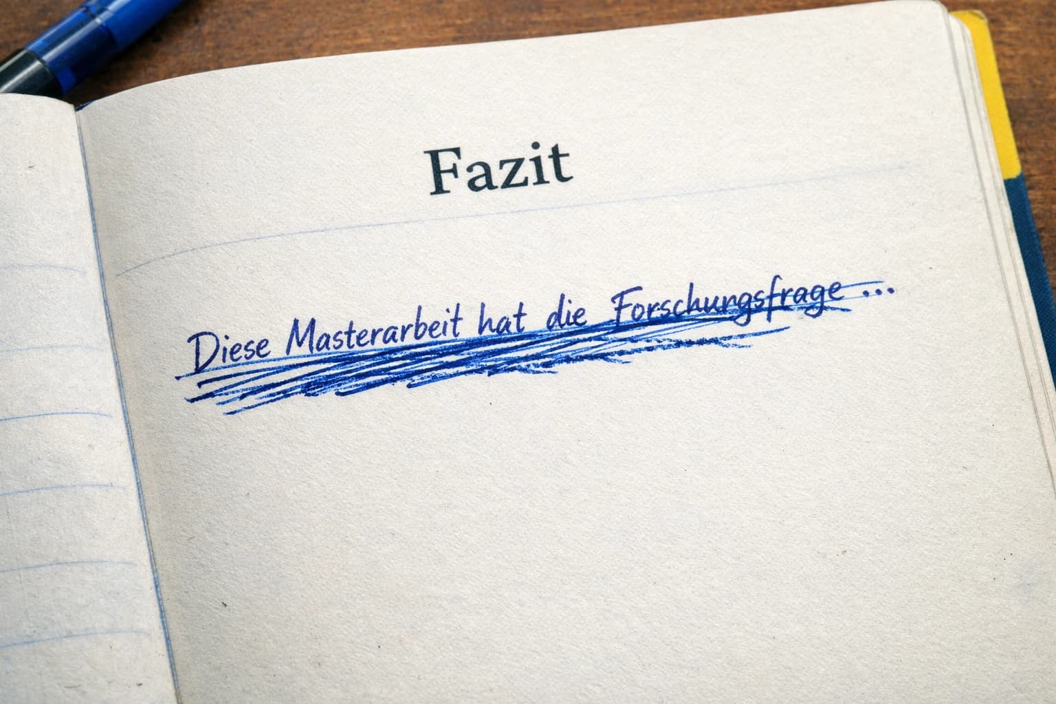 Studierende schreibt das Fazit ihrer Masterarbeit am Schreibtisch mit Laptop und Notizen