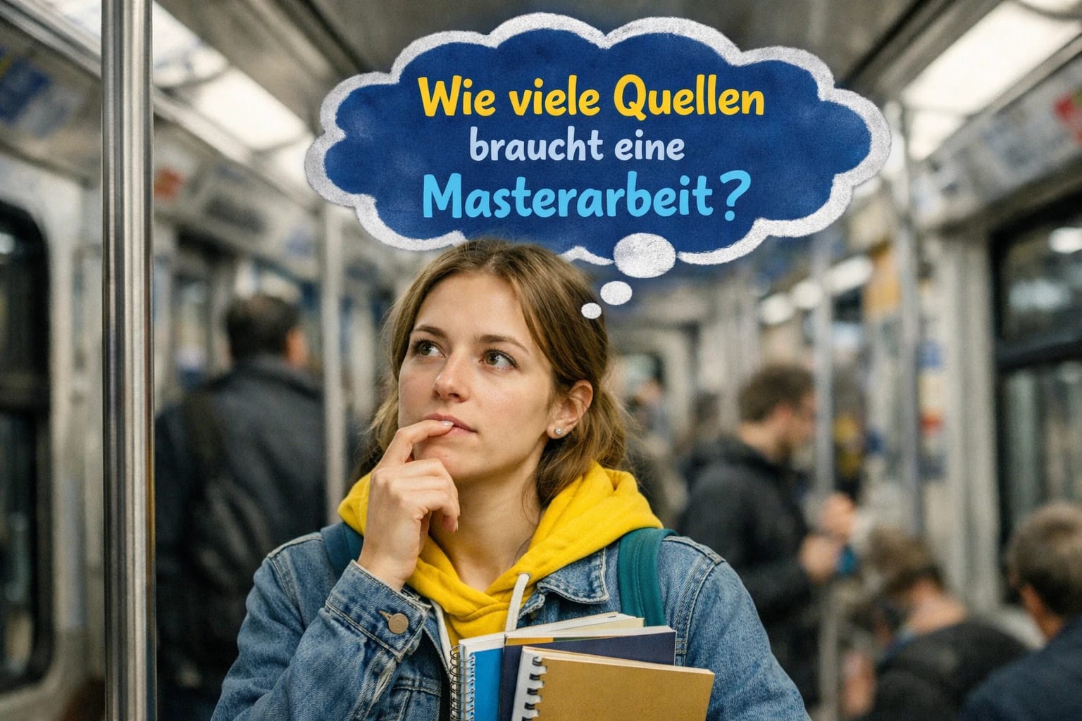 Studentin steht in der U-Bahn und grübelt, Gedankenblase mit der Frage: Wie viele Quellen braucht eine Masterarbeit?