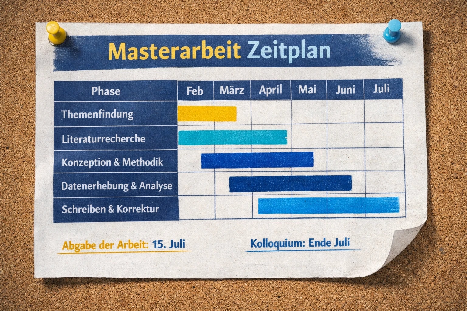 Zeitplan für eine Masterarbeit mit Phasen und Meilensteinen auf einem Schreibtisch