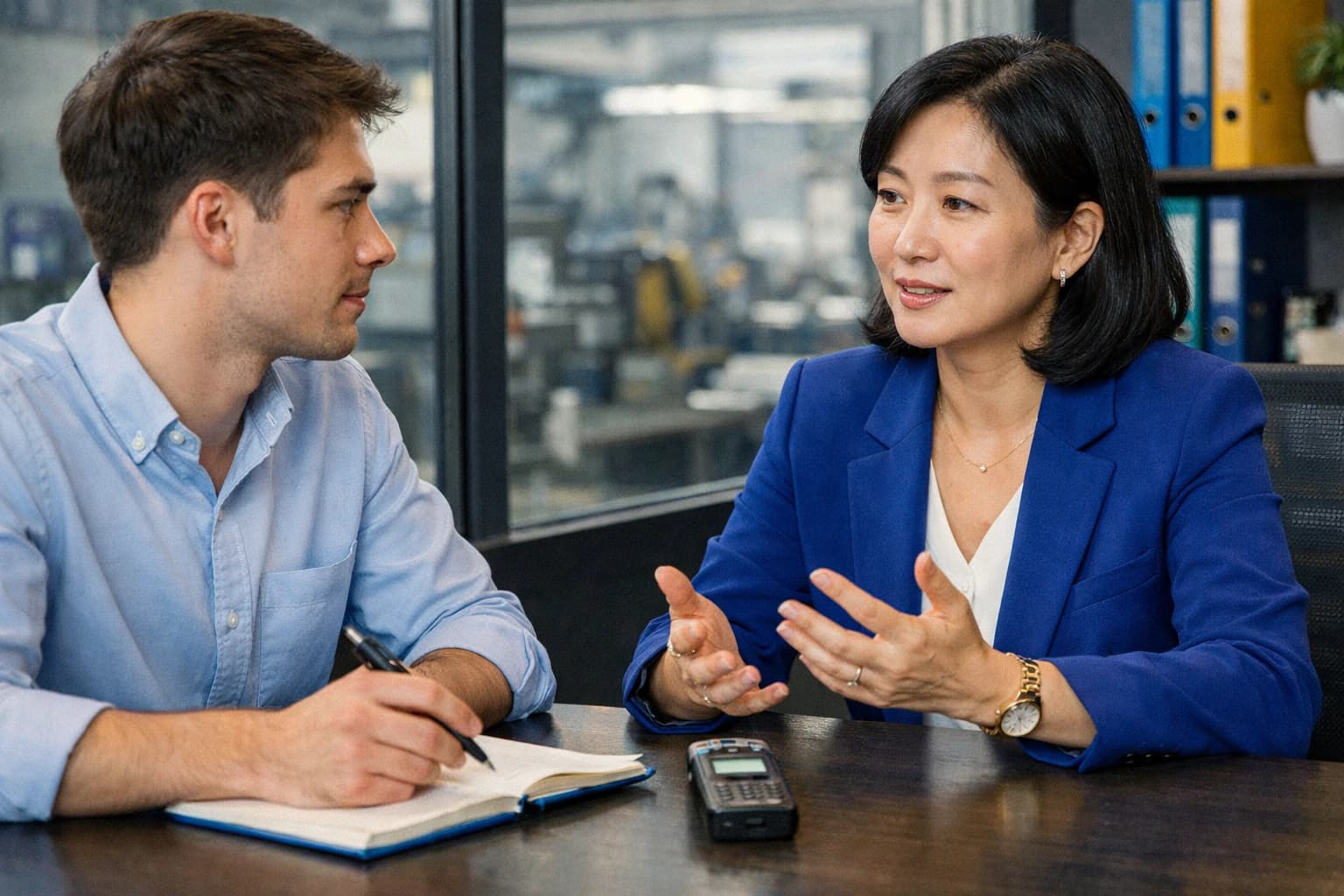 Experteninterview: Student führt ein professionelles Interview mit einer Führungskraft