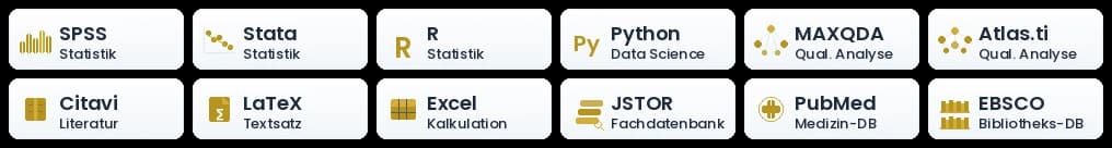 Akademische Tools: SPSS, Stata, R, Python, MAXQDA, ATLAS.ti, Citavi, LaTeX, Excel, JSTOR, PubMed, EBSCO