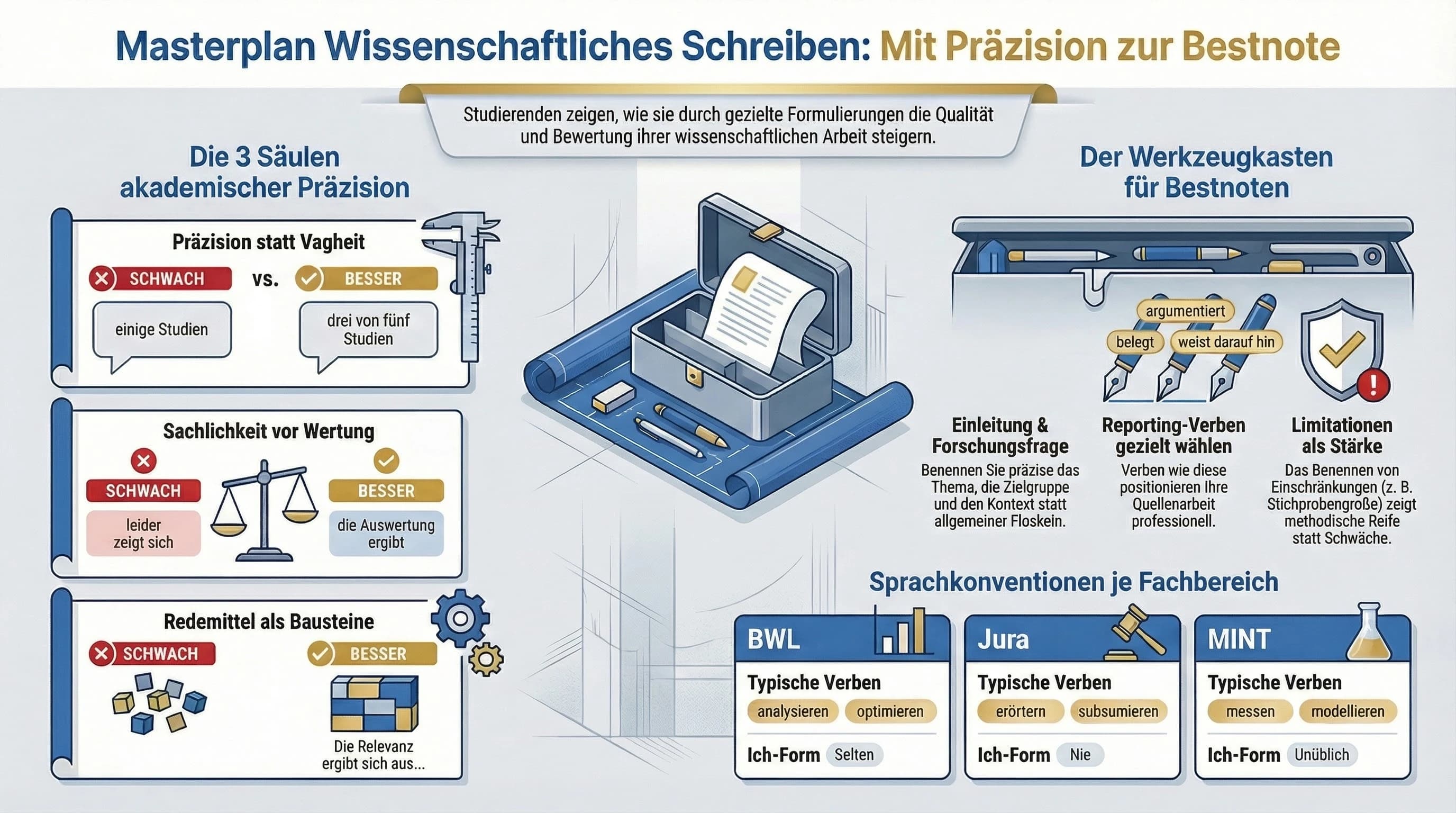 Infografik Formulierungshilfen: Redemittel für Einleitung, Theorie, Methodik, Ergebnisse und Fazit