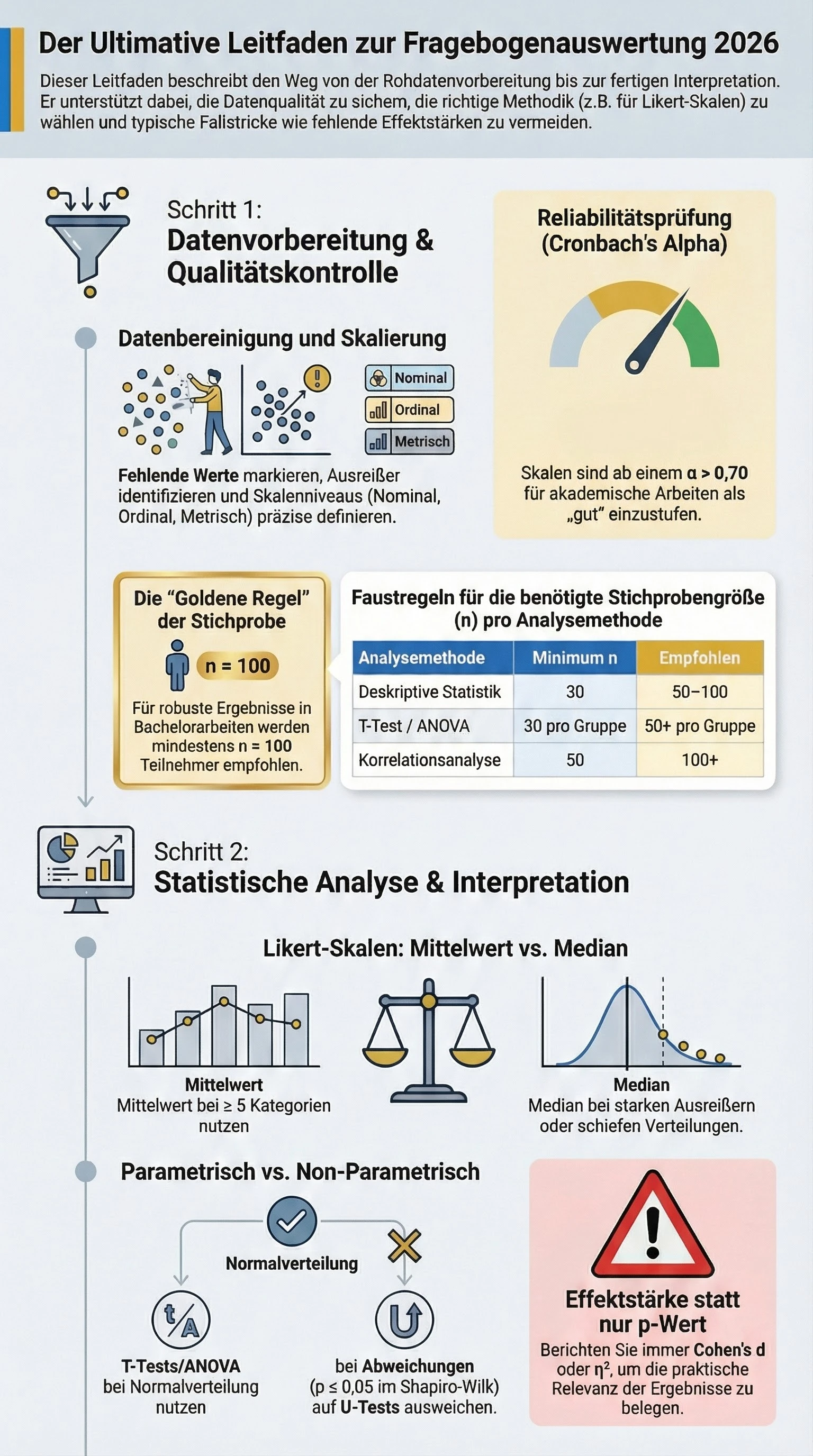Infografik Fragebogen auswerten: Datenbereinigung, Likert-Skala Auswertung, SPSS vs. R vs. Excel Vergleich, Cronbachs Alpha und Ergebnispräsentation
