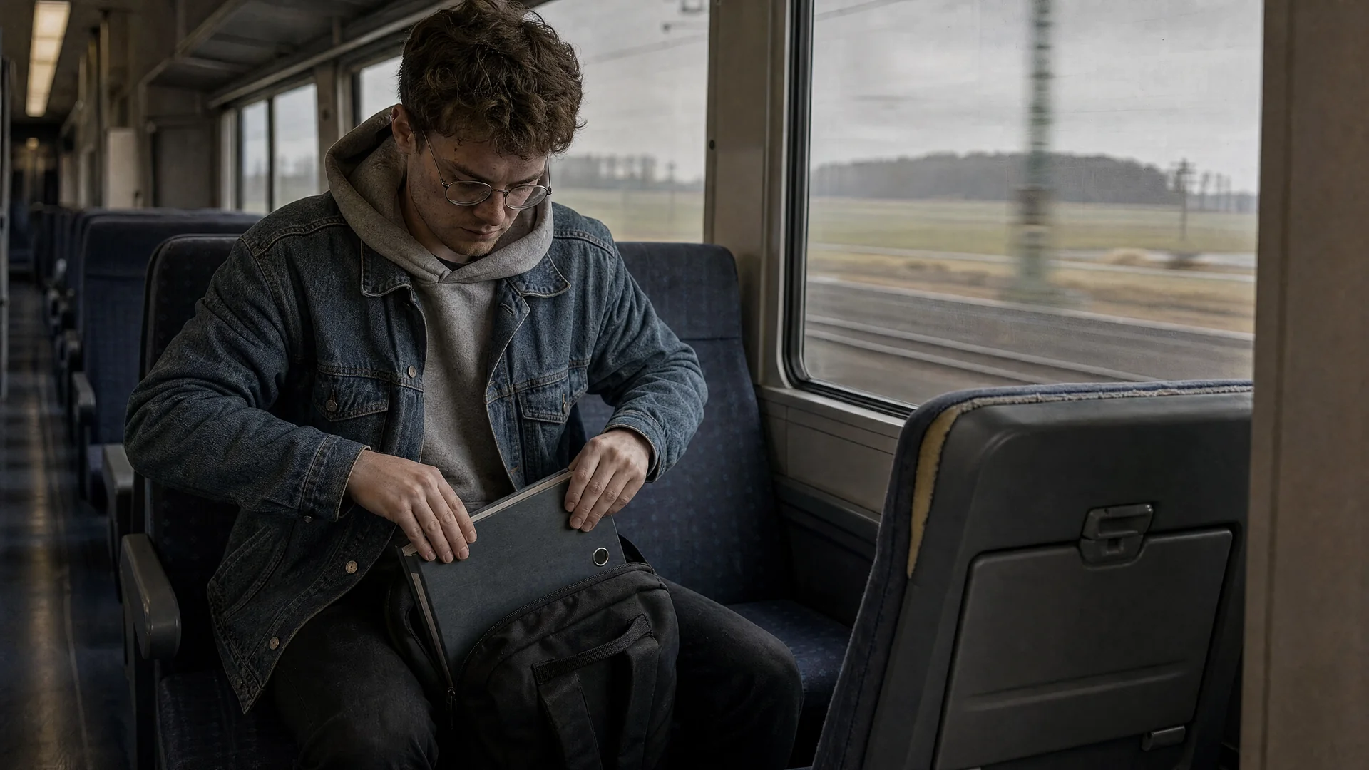 Junger Mann im Regionalzug schiebt einen Ordner mit dem Handballen zurück in den Rucksack zwischen seinen Füßen und zieht dabei den Reißverschluss halb zu, der Klapptisch vor ihm bleibt hochgeklappt.