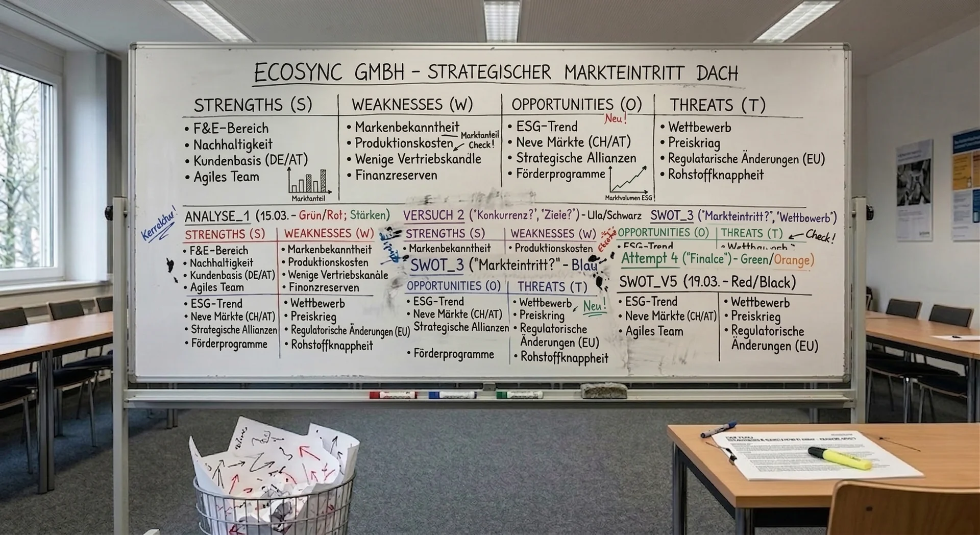 BWL-Seminarraum: Whiteboard mit SWOT-Analyse und durchscheinenden Resten gescheiterter Vorgaengerversuche