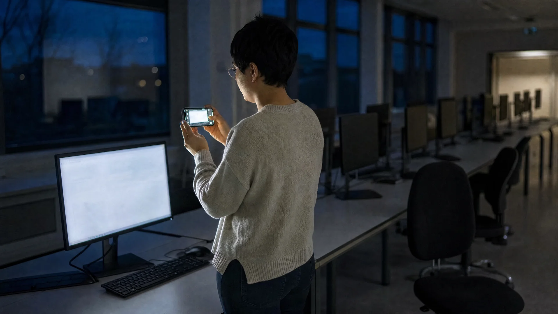 Frau im Rechnerpool hält ihr Telefon mit beiden Händen vor den einzigen laufenden Monitor der Reihe und fotografiert das Ergebnis, das leuchtende Display zeigt zur Kamera, alle anderen Bildschirme stehen dunkel, ihr Stuhl ist zurückgerollt.