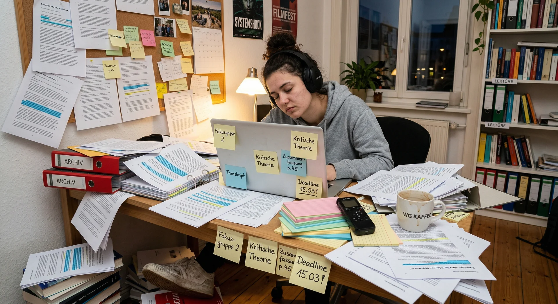 Person mit Kopfhörern sitzt erschöpft inmitten eines riesigen Bergs aus Interviewtranskripten, Karteikarten und Post-Its der den gesamten Schreibtisch und Boden bedeckt