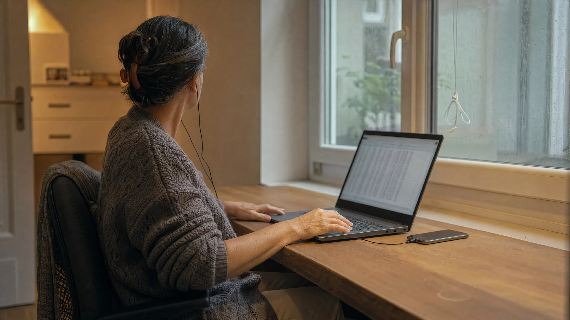 Blick von der Tür in ein Arbeitszimmer: Eine Statistikerin sitzt aufrecht am Schreibtisch vor dem Fenster, die Hände ruhen still auf dem Laptop, sie hat den Kopf zum Fenster gedreht und hört über einen Ohrhörer zu, das Telefon liegt mit dem Display nach unten auf dem Tisch.