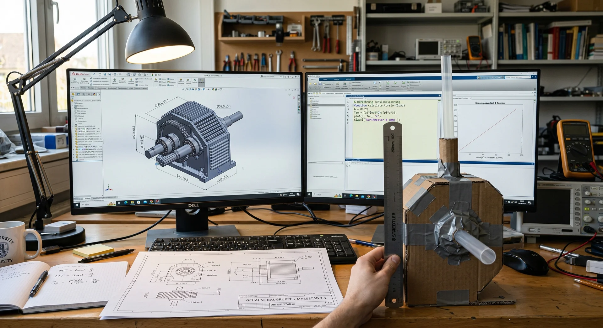 Ingenieur-Arbeitsplatz: CAD-Modell am Bildschirm neben handgebasteltem Pappe-Prototypen mit Massstab