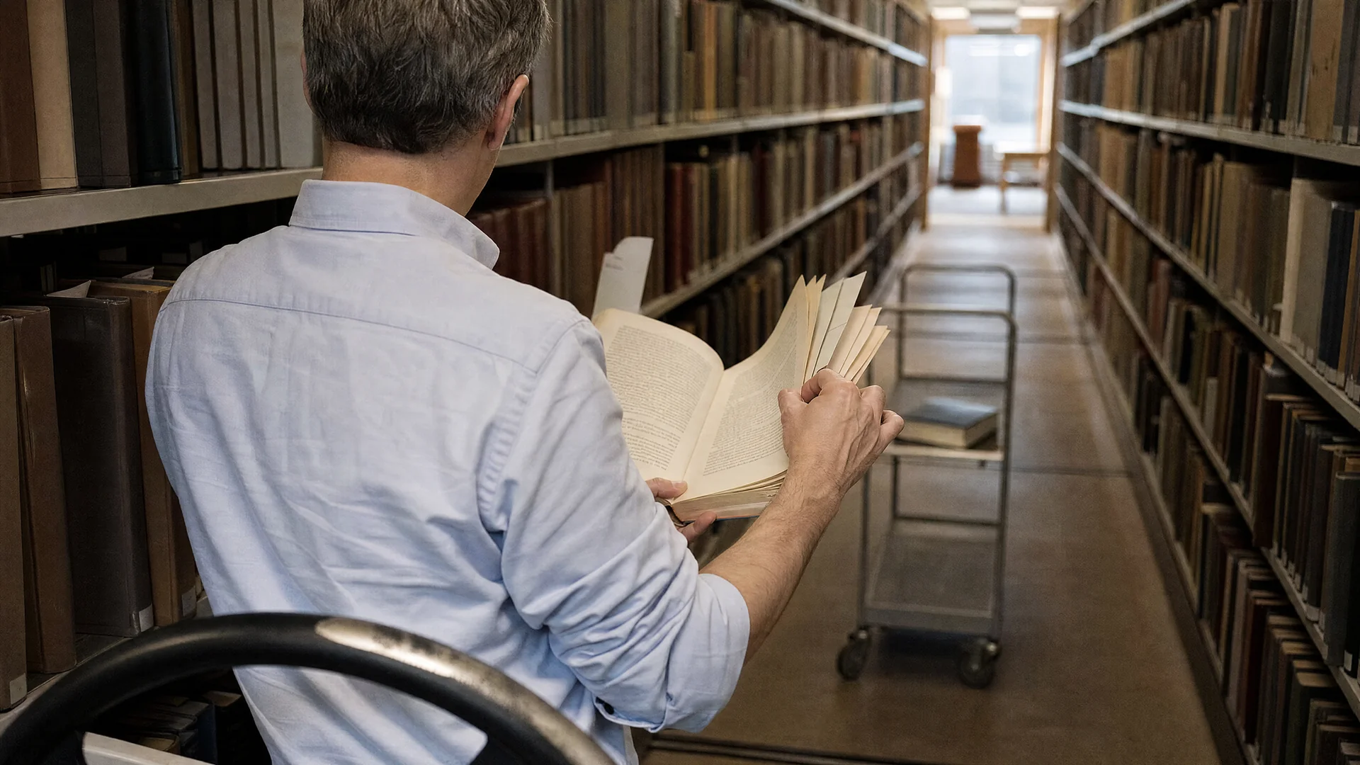 Fachautor im Rollregalgang eines Bibliotheksmagazins hält einen aufgeschlagenen Band auf dem Unterarm und fächert mit der rechten Hand drei Folgeseiten hoch, im Vordergrund das Kurbelrad des Rollregals, sichtbar sind nur Schulter, Hinterkopf und Hände.