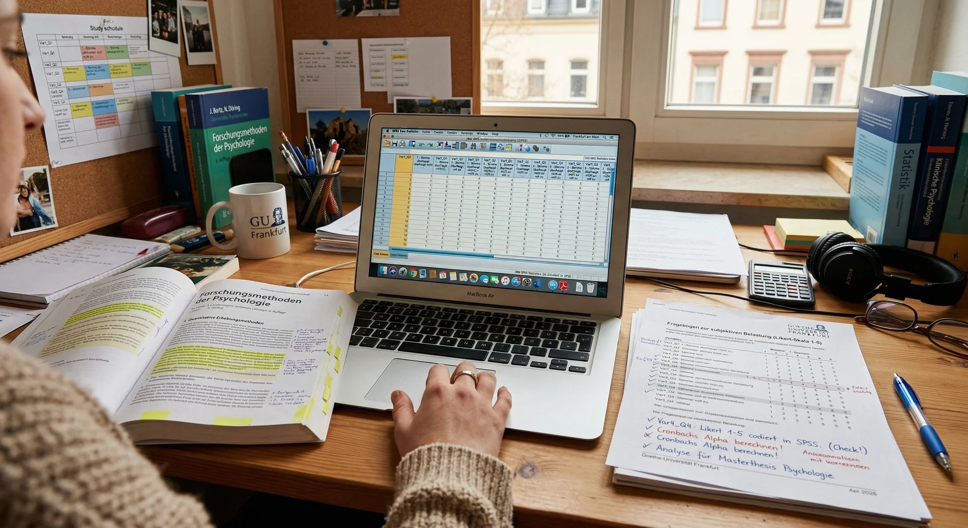 Psychologische Forschungsarbeit mit SPSS-Datensatz, Fragebogen und Methodenlehrbuch