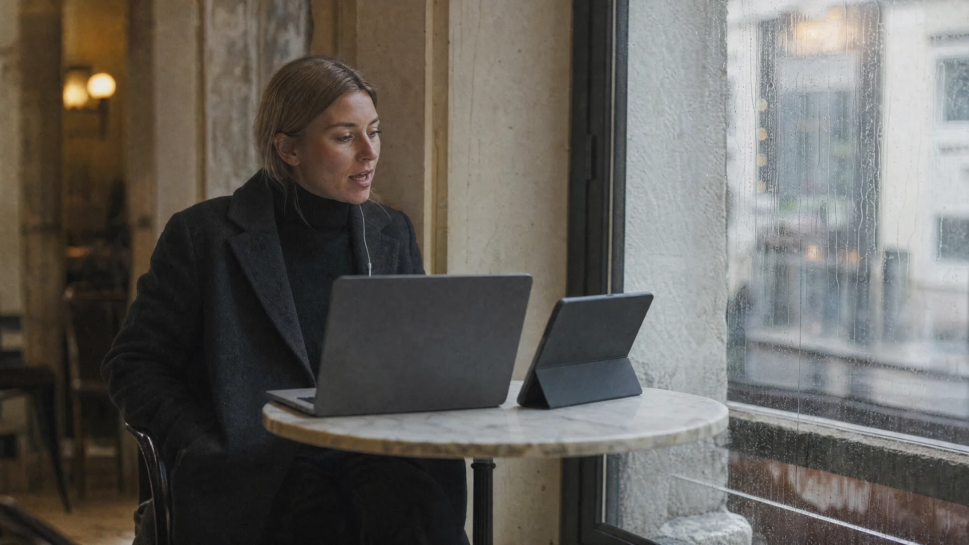 Frau am Fensterplatz eines Cafés, vor ihr stehen Laptop und Tablet mit den Bildschirmen zu ihr gedreht, sie hat beide Hände von den Geräten genommen, spricht einen Satz halblaut mit und blickt zur beschlagenen Scheibe, ein Ohrhörer hängt herausgenommen am Schlüsselbein.