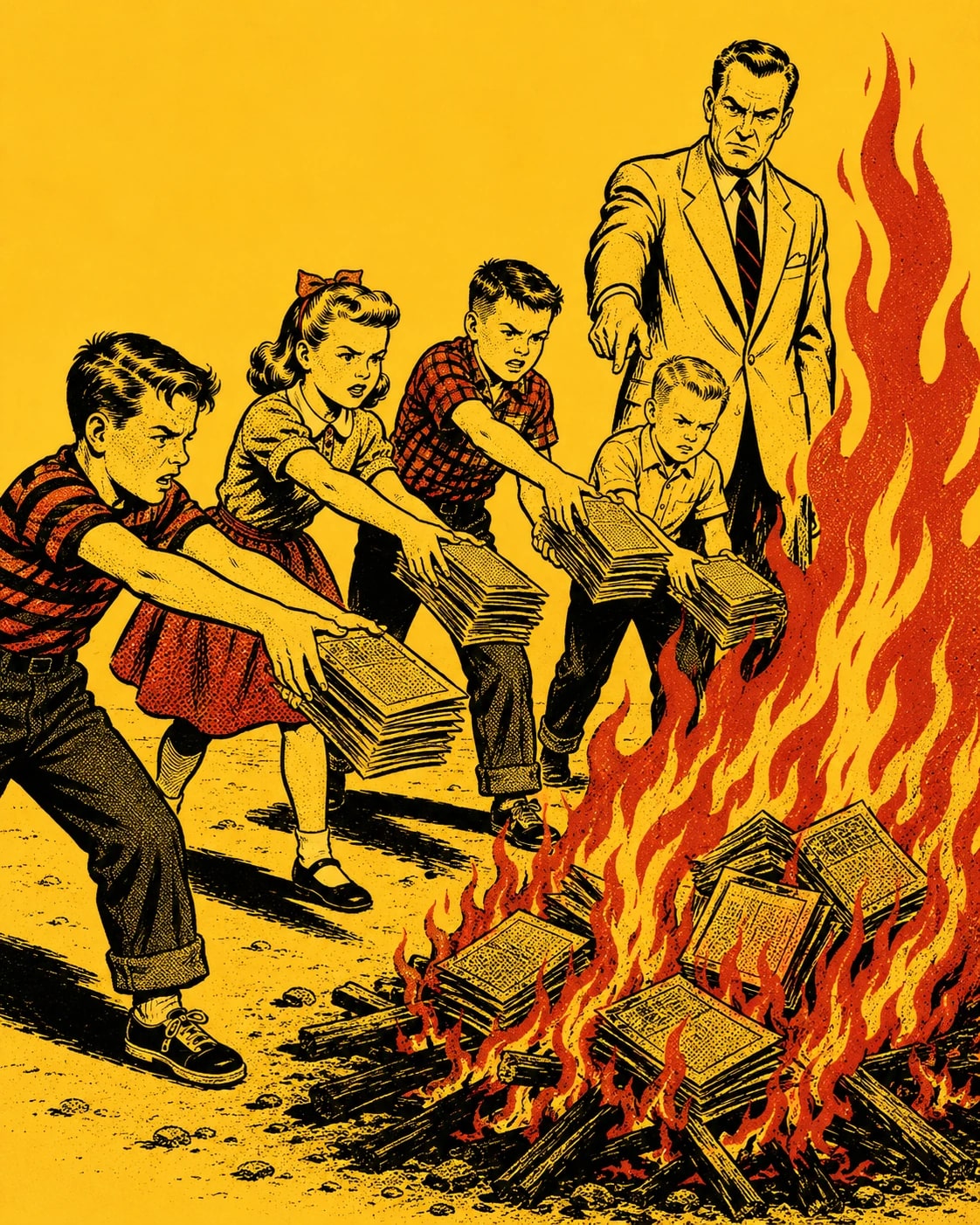 Kinder und ein strenger Erwachsener werfen Comic-Hefte auf ein loderndes Feuer, im Stil der 1950er.