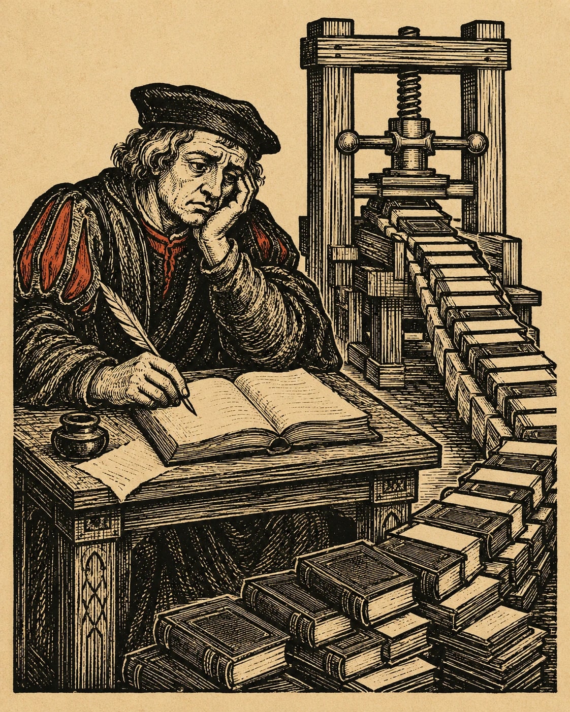 Ein müßiger Renaissance-Gelehrter sitzt vor einer frühen Druckpresse, die unaufhörlich Bücher ausstößt, Holzschnitt.
