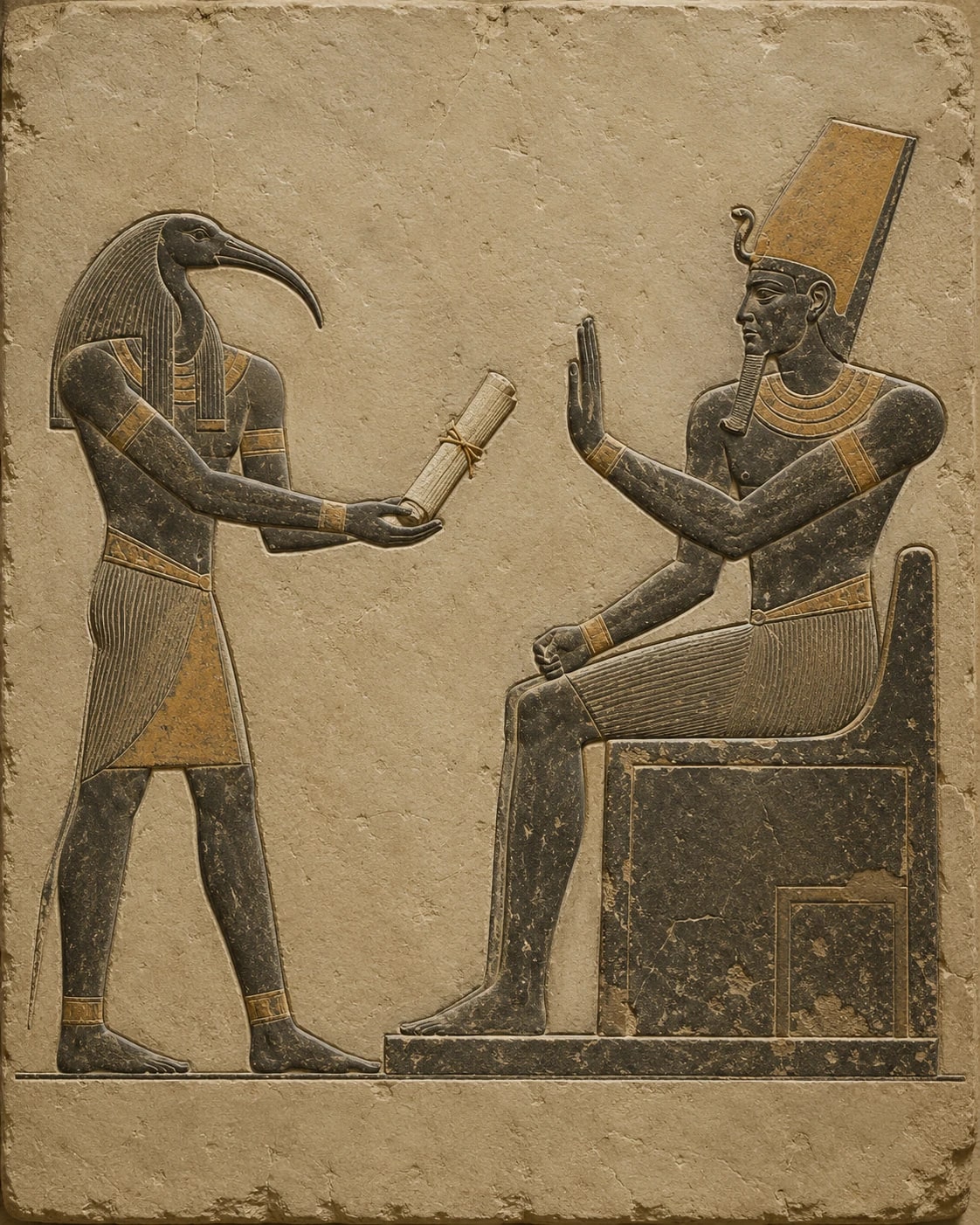 Der ibisköpfige Gott Thoth reicht einem thronenden ägyptischen König eine Papyrusrolle, der König wehrt mit erhobener Hand ab, Tempelrelief.