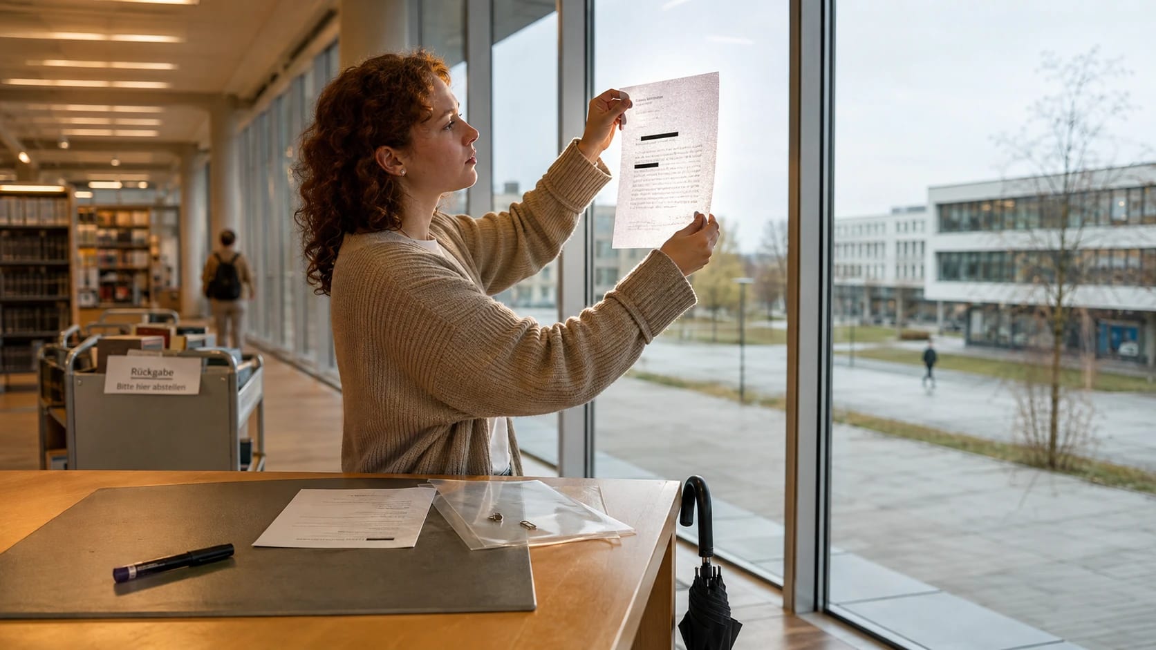 Studentin hält ein geschwärztes Dokument gegen das Fensterlicht und prüft die schwarzen Balken