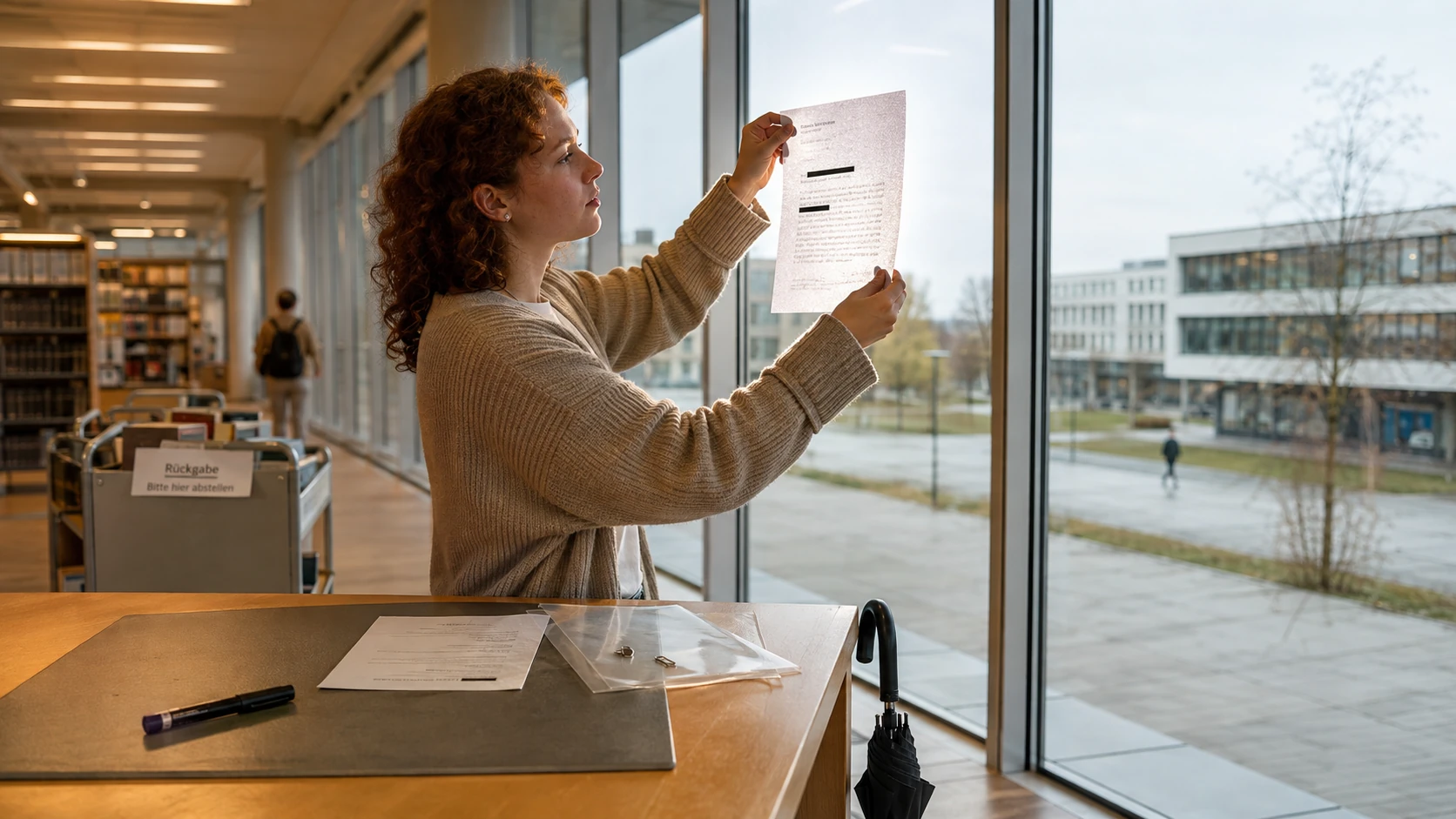 Studentin hält ein geschwärztes Dokument gegen das Fensterlicht und prüft die schwarzen Balken