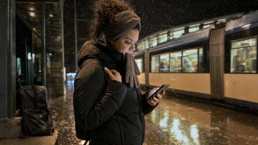 Studentin tippt an einer Tramhaltestelle im Regen eine Formulierung in ihr Telefon