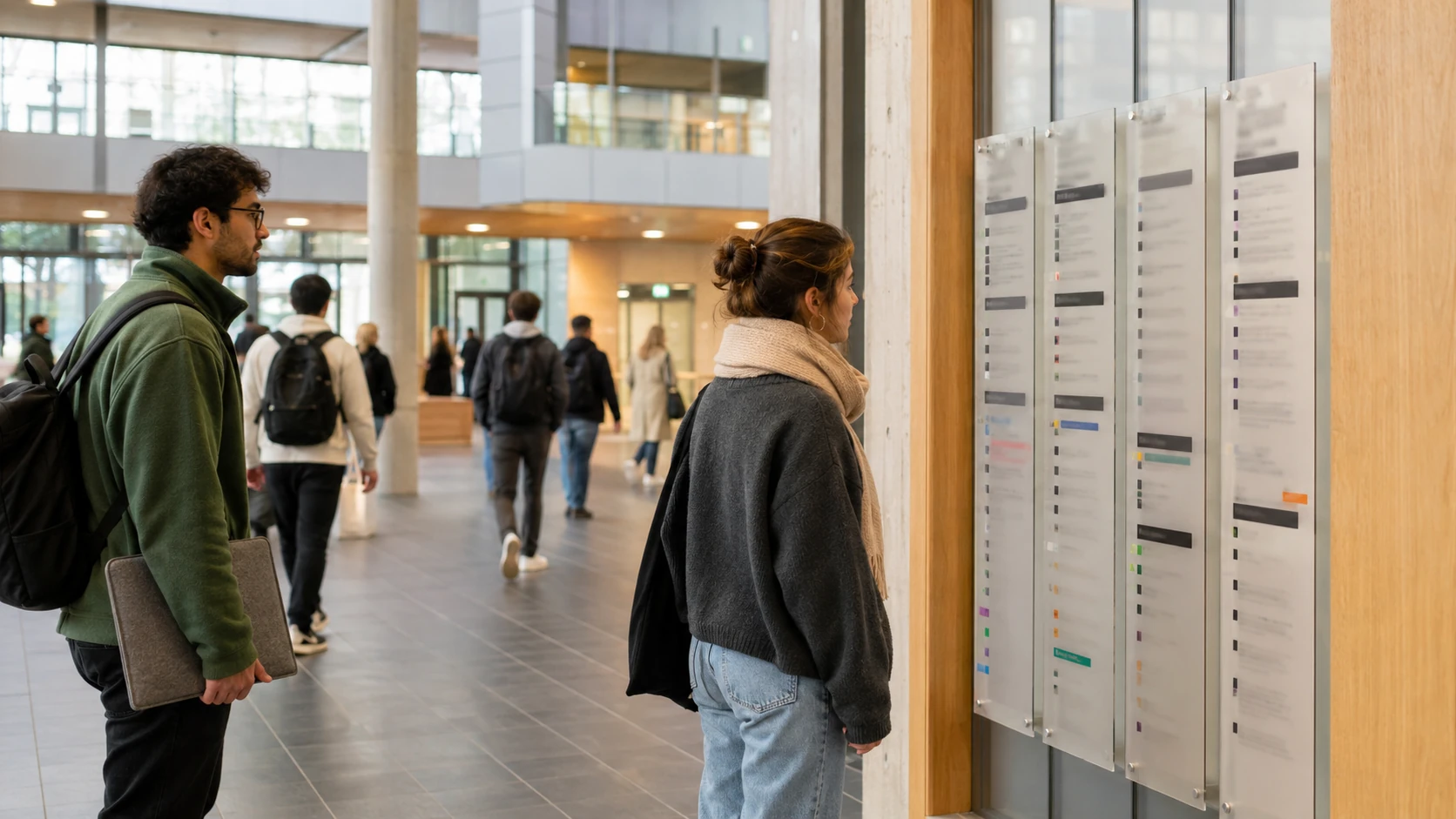 Zwei Studierende stehen im hellen Foyer einer Hochschule vor einer Wand mit ausgehängten Listen und schauen nach, im Hintergrund weitere Studierende.