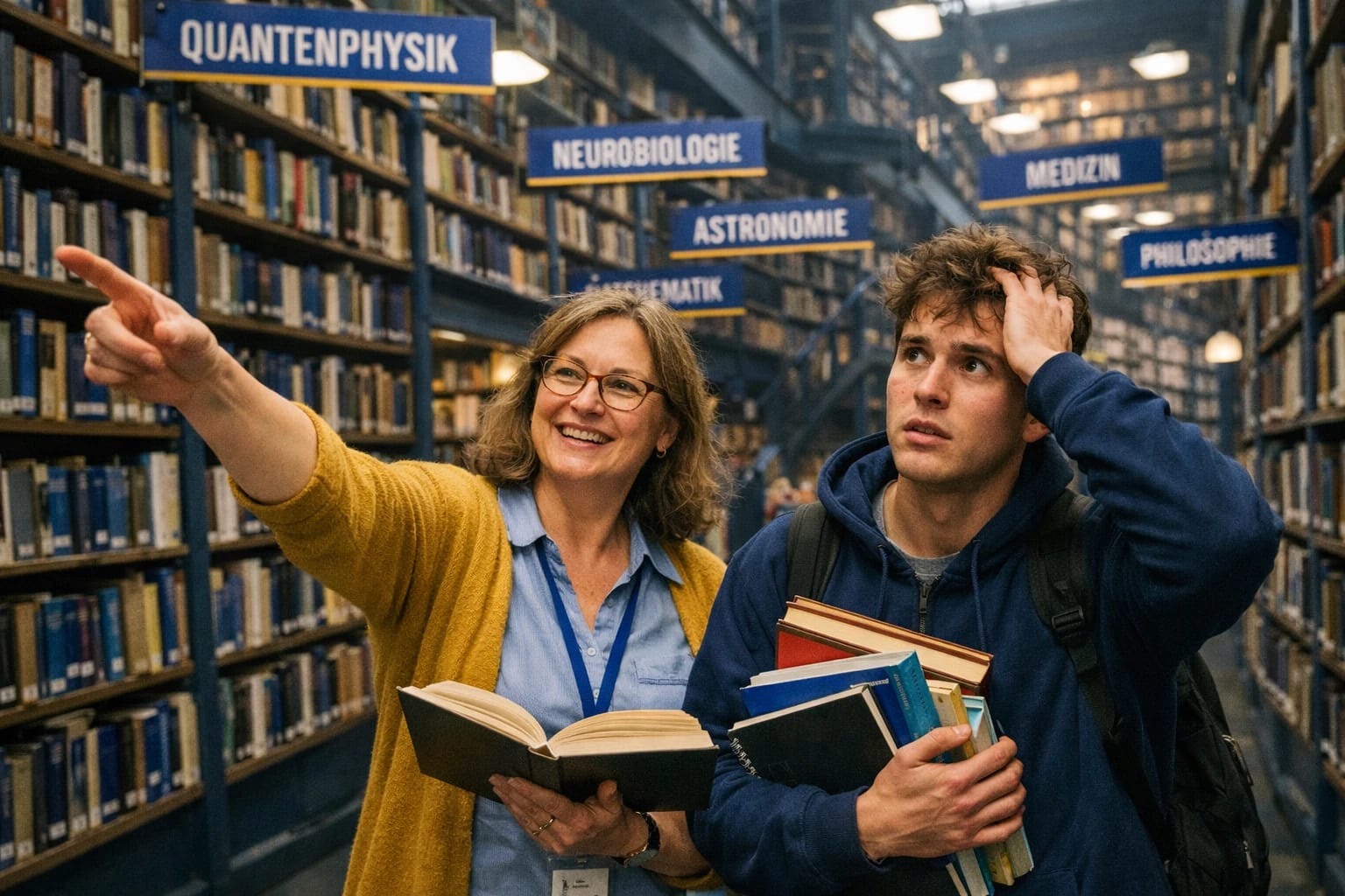 Enthusiastische Bibliothekarin führt überforderten Studenten durch eine riesige Bibliothek voller wissenschaftlicher Themen