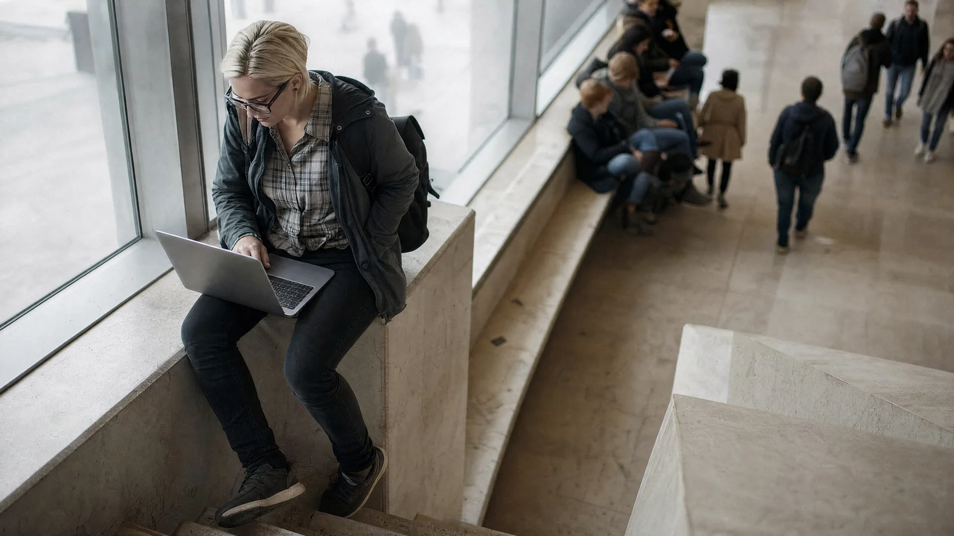 Studentin sitzt seitlich auf einer Fensterbank im Foyer einer Hochschule, den Laptop auf den Oberschenkeln, und steht bereits wieder auf.