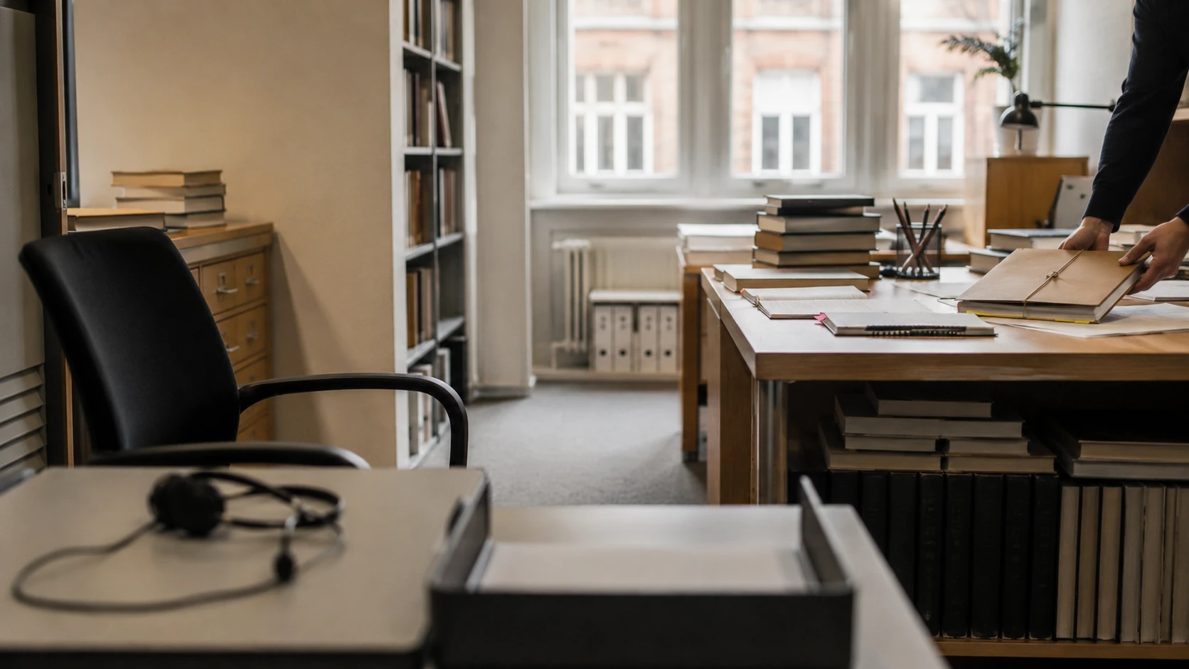 Anonymer akademischer Arbeitsplatz: Schreibtisch mit Fachbüchern und Manuskriptseiten, Aktenordner im Regal, eine Autorin arbeitet bei Tageslicht an Dokumenten