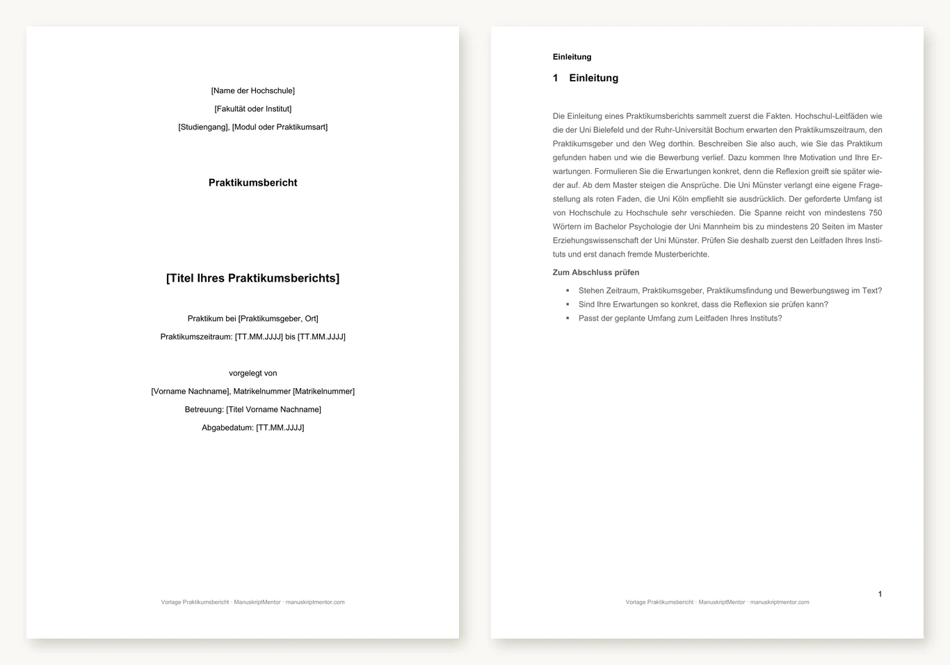Vorschau der Praktikumsbericht-Vorlage: Deckblatt und ein Kapitel mit Tipp und Checkliste