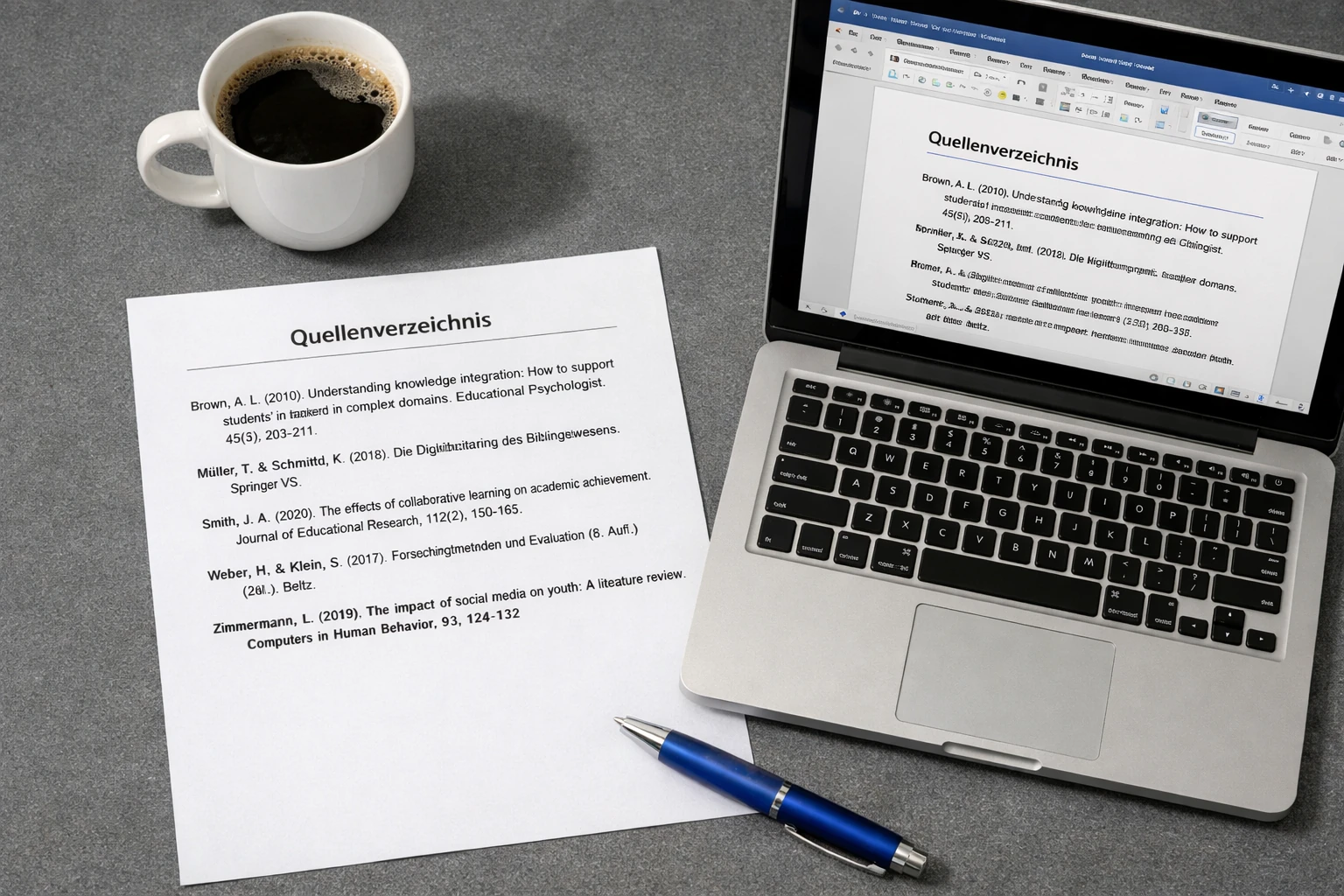 APA-7-Literaturverzeichnis auf Papier neben Laptop mit Textverarbeitung und Kaffeetasse